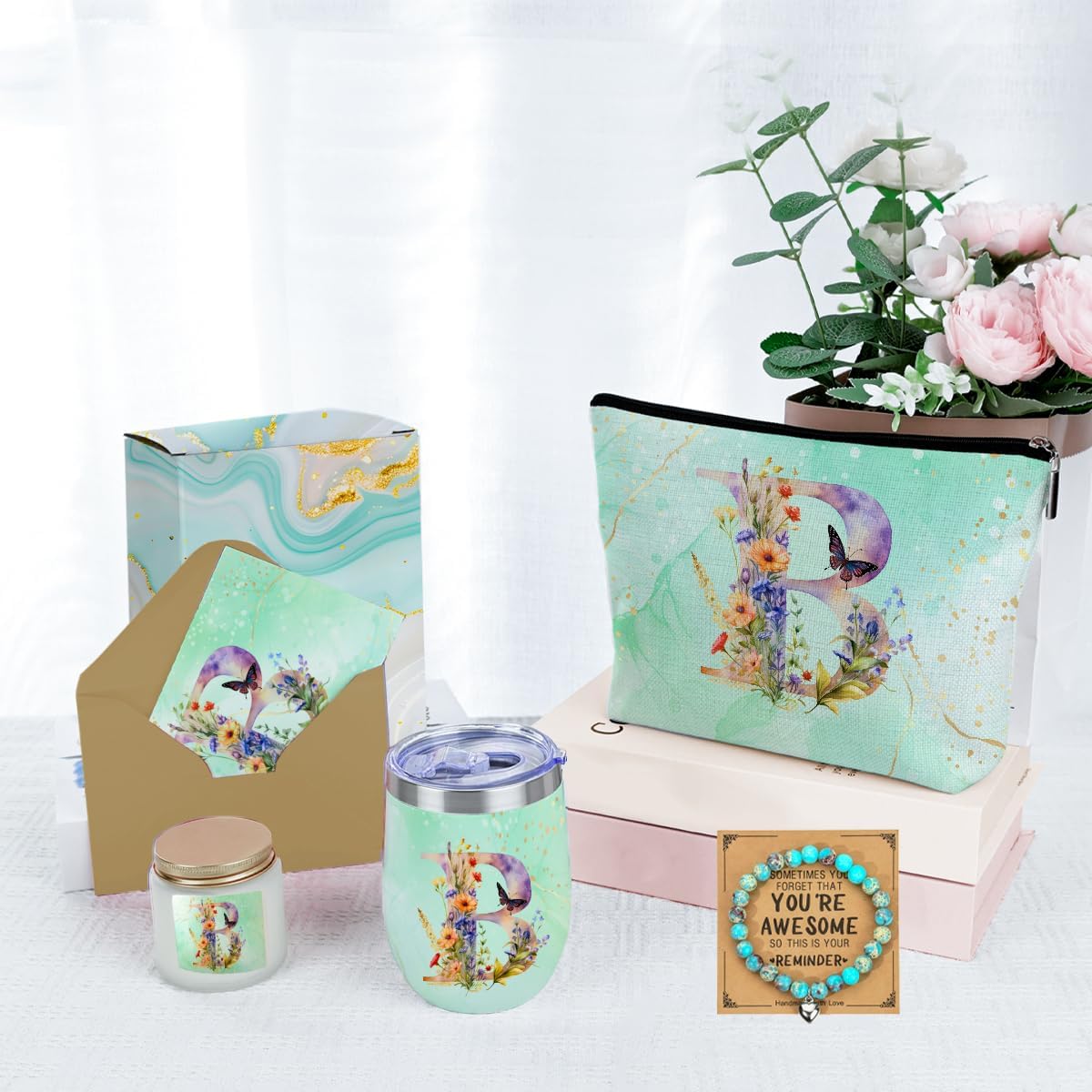 Personalized Gifts Monogrammed Birthday Gifts for Women, Sister Cowerker Mom Boss Day Christmas Appreciation Initial Wine Tumbler Makeup Bag Scented Candle Bracelet Set, (Aesthetic Green Flower B) - Image 4