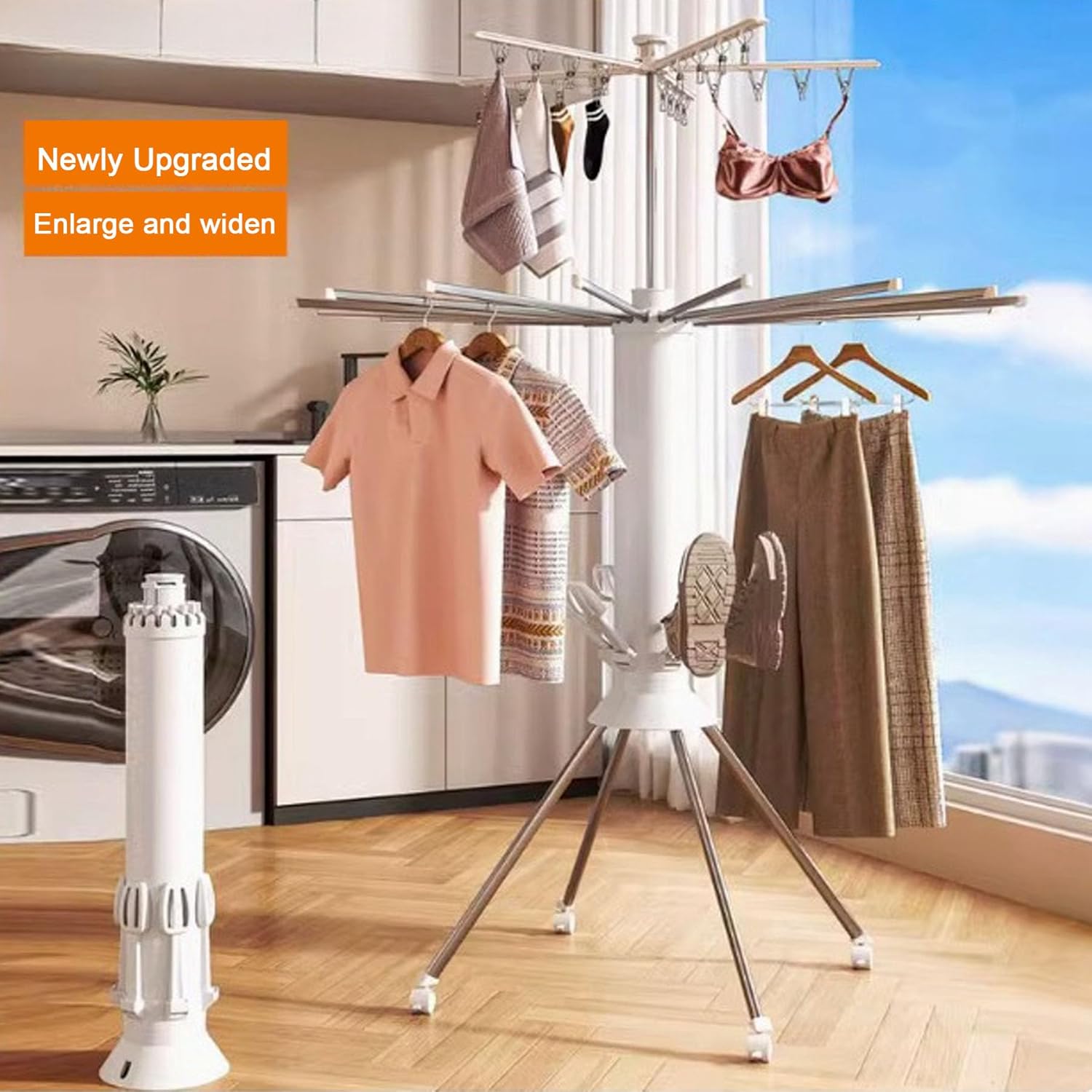 Collapsible Clothes Drying Rack, White Metal Foldable Laundry Stand with Multiple Arms, Indoor Outdoor Garment Hanger
