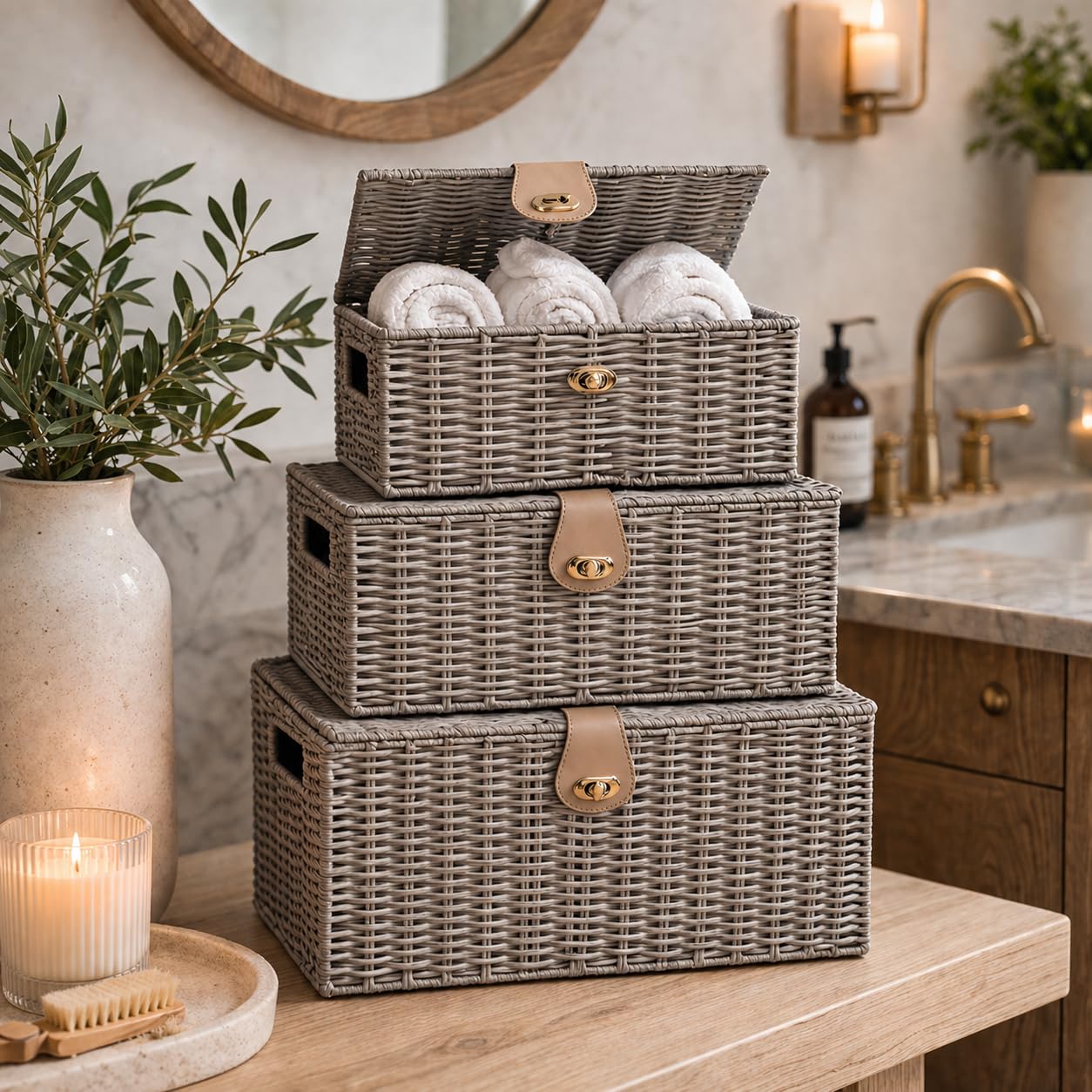 Homezone Grey Set Of 3 Wicker Storage Baskets With Lids & Lockable Closure Decorative Rattan Woven Storage Boxes, Stackable & Nesting Storage Baskets For Bathroom Gift Hampers