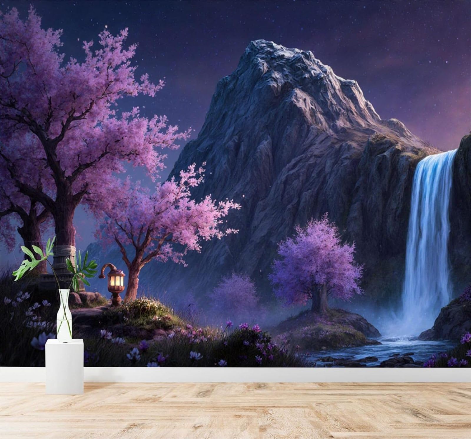 XLMING Beautiful Cherry Blossoms Night Waterfall Mountain Scenery 3D Wallpaper Premium Textured Silk Study Dining Living Room Bedroom Sofa TV Wall Easy Install-430cm×300cm