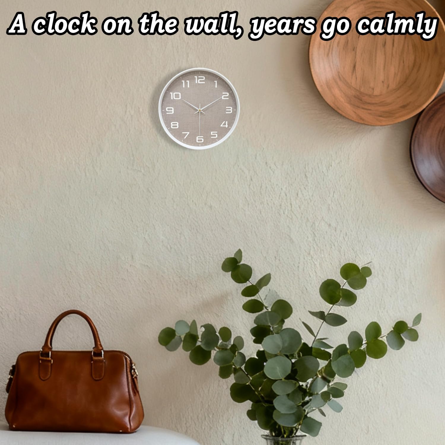 Mabpedo 8 Inch Modern Wall Clocks Battery Operated - Silent Non Ticking Quartz Analog Clock with Large Numbers Burlap Texture, Digital Wall Clock for Bedroom Living Room Kitchen Office Gym, White White Brown 8 Inch