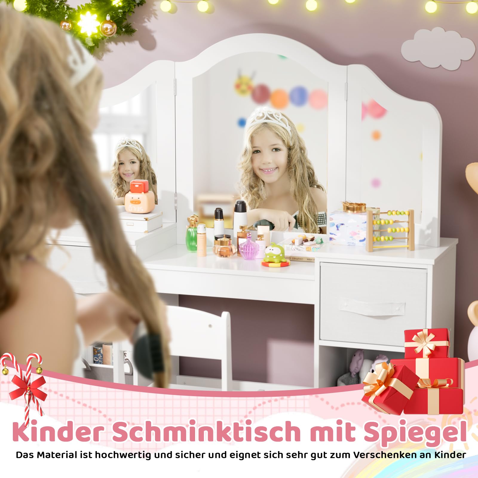 MAMIZO 2 in 1 Schminktisch Kinder Set, Schminktisch für Mädchen und Jungen, Kinderschminktisch mit Abnehmbarem Spiegel, Schreibtisch mit Hocker, 2PCS Stoffschubladen, 108x30x114 cm, Weiß