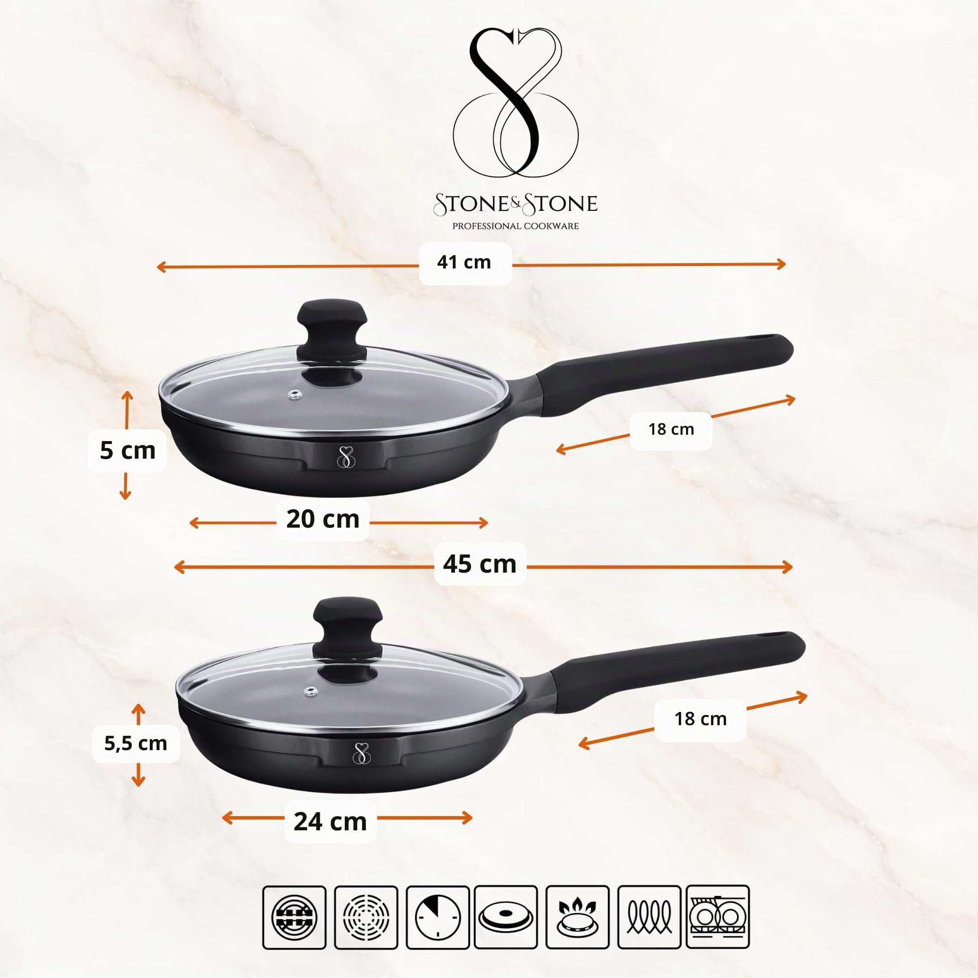 Stone&Stone Lot 2 Poêles Induction, Poêles Antiadhésives 20 cm 24 cm avec Revêtement Céramique Allemand Greblon, Batterie de Poêles Induction et Gaz, Sans PFAS, PFOA et PTFE + 2 Couvercles Cuillères