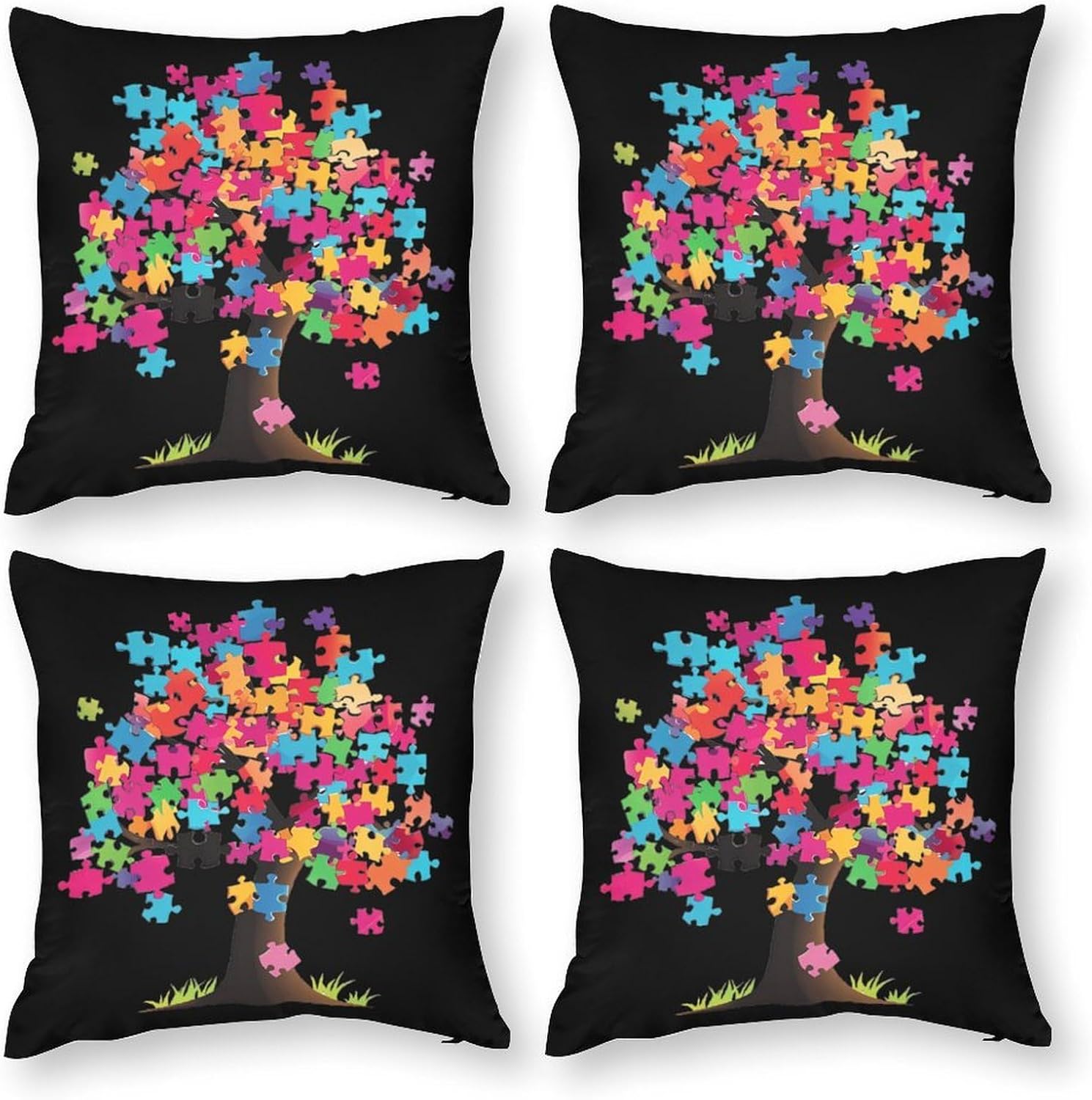 Autism Awareness Puzzle1 Piece Tree Printed Throw Pillow Case 4 Pcs Soft Pillowcases Pillows Covers Sofa Bed Decor 12/14/16/17/18/20/22/24/32 Inches