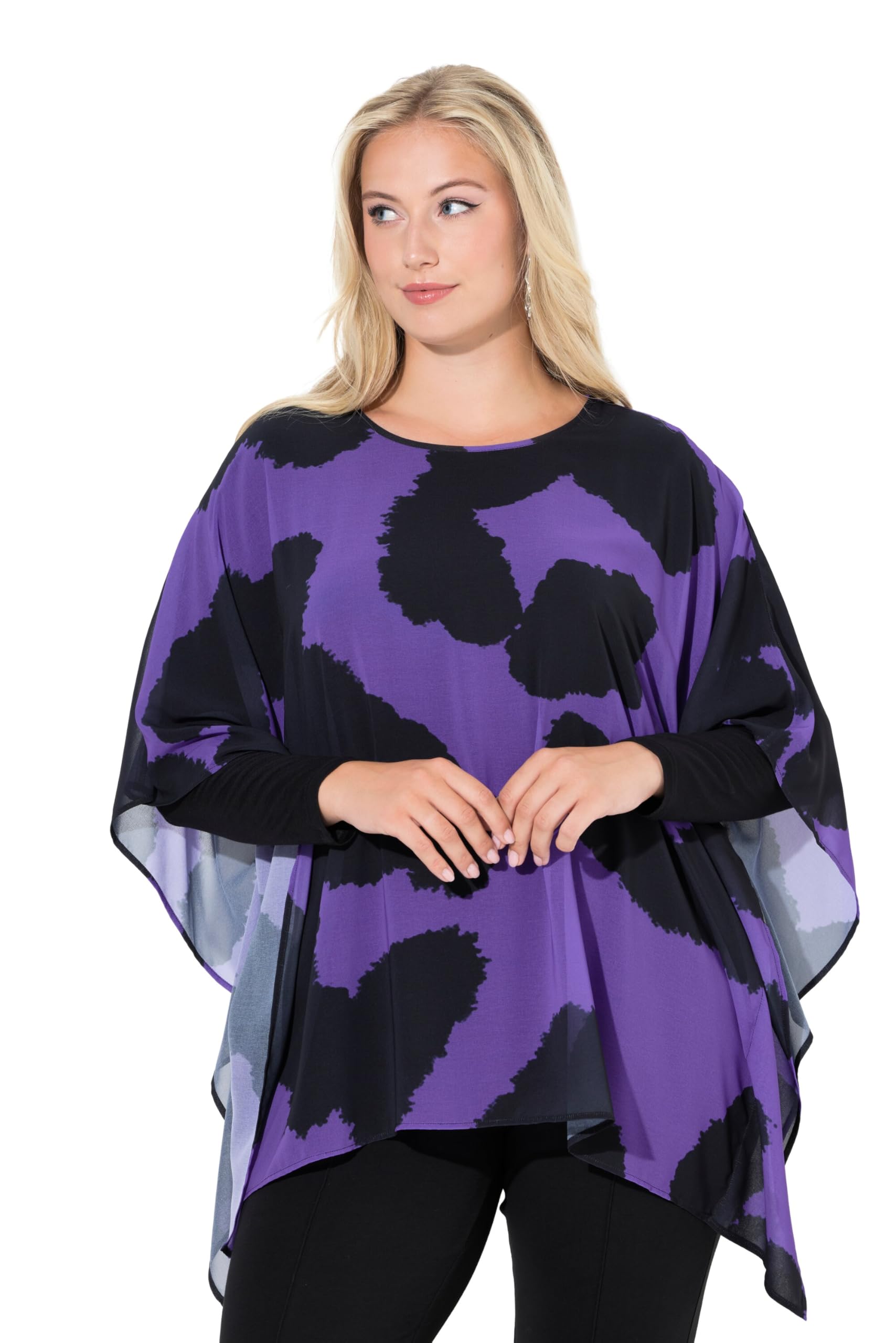 Ulla Popken Damen große Größen Übergrößen Plus Size Tunika, Leomuster, doppellagig, Rundhals, 3/4-Arm 845431