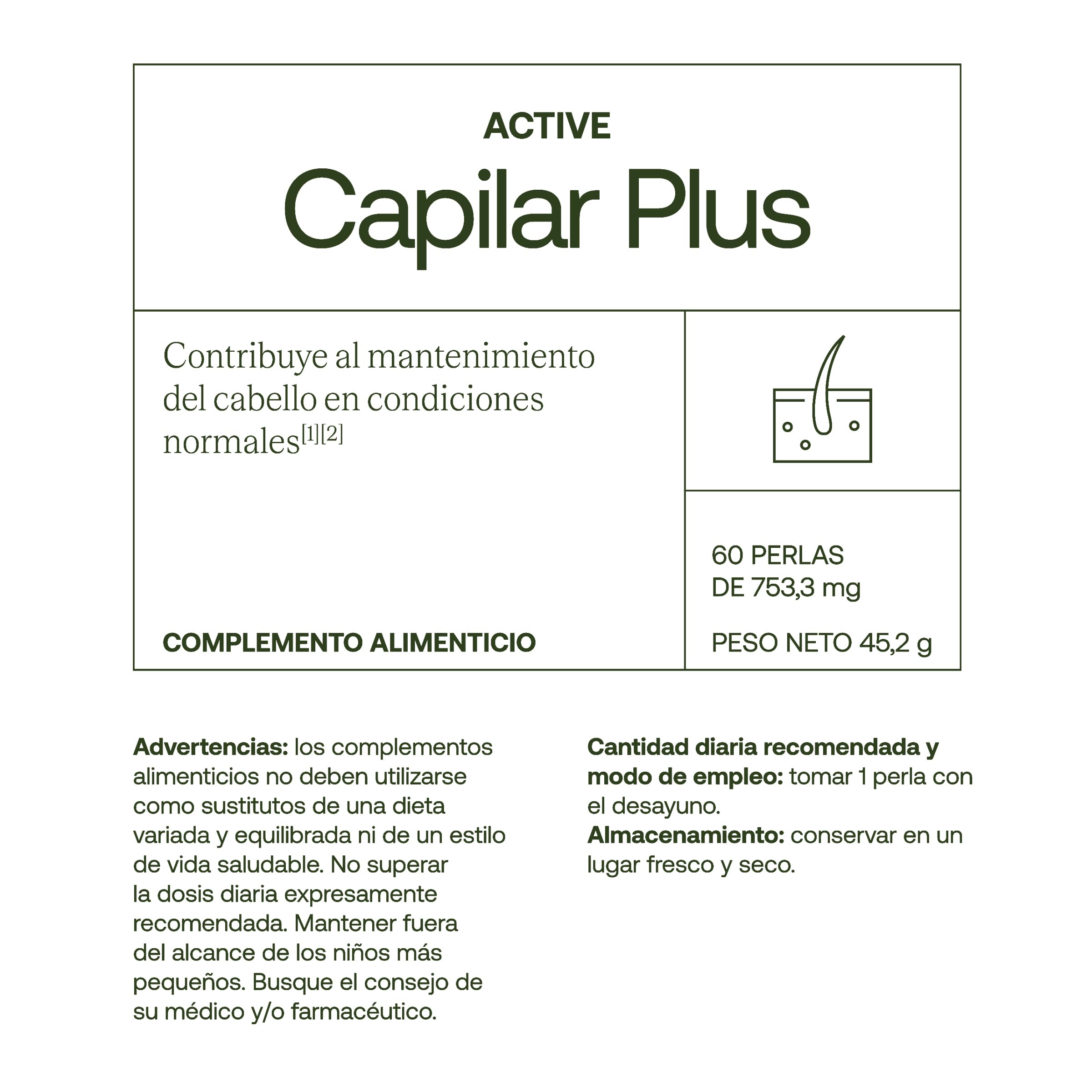 ACTIVE CAPILAR PLUS - Para el mantenimiento del cabello | Vitamina D, Zinc y Selenio | 60 perlas | Con extractos de aceite de Natursyn, contiene extracto de Serenoa repens, Biotina, y otras vitaminas