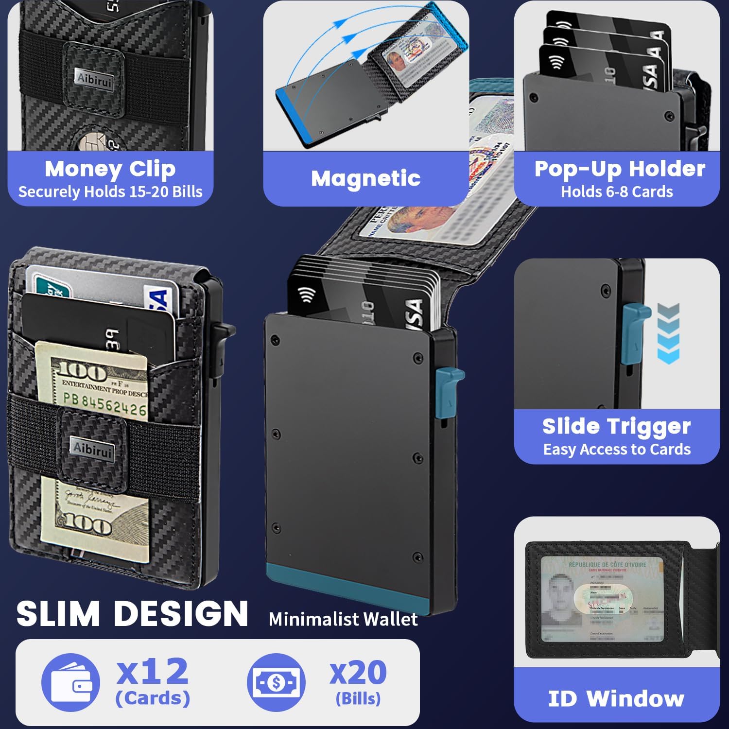 Slim Wallet for Men,Pop Up Wallet with Money Clip,holds 12 Cards,Metal Aluminum & Leather Credit Card Holder Bifold Wallet with ID Window,RFID Blocking Smart Wallet for Men,Men's Accessories - Image 2