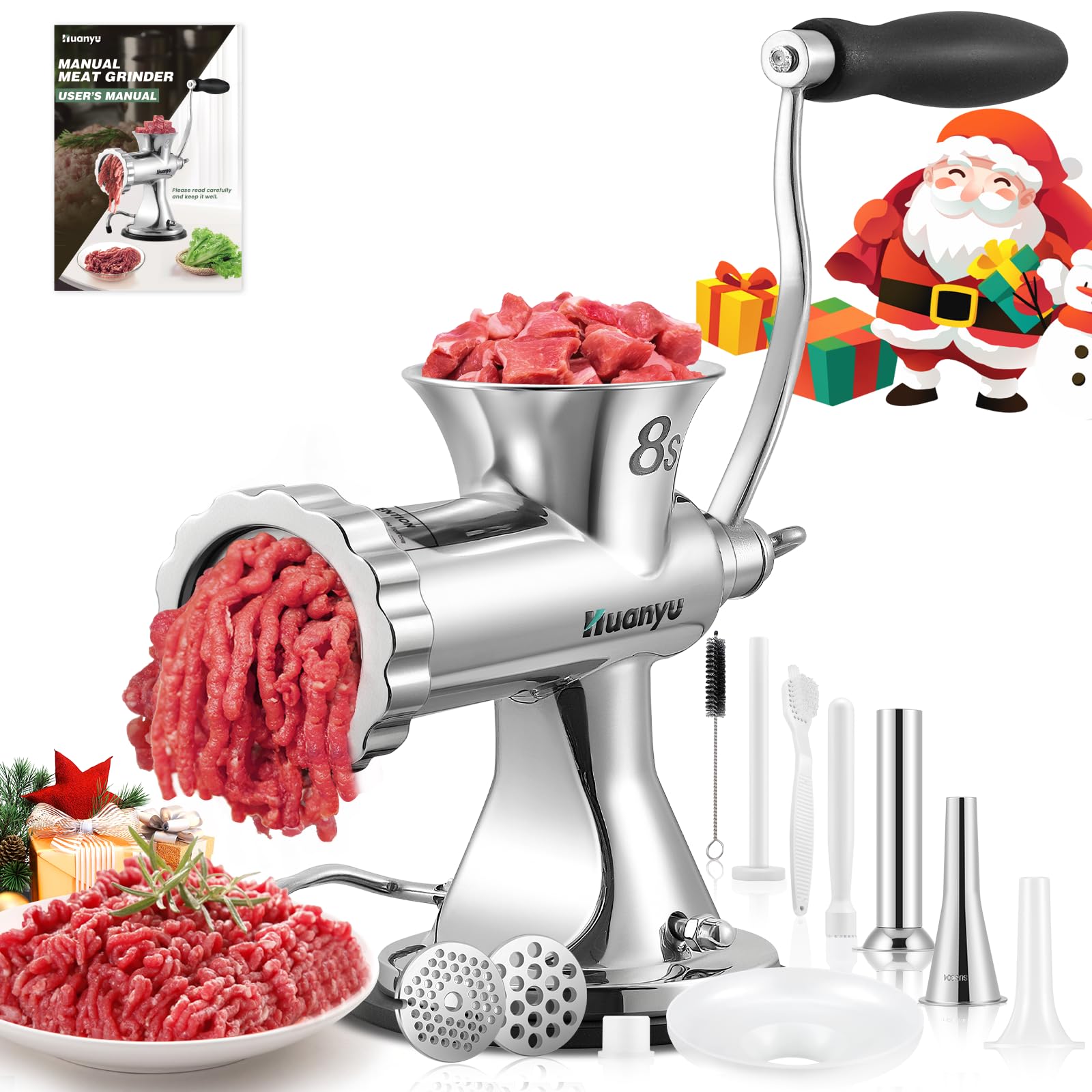 Huanyu Manual Meat Grinder with 2 Stainless Steel Sausage Stuffer Filler Hand Crank Mincer Meats Processor Grinding Machine Ground Chopper Home Use for Beef Chicken Rack chili etc. Dishwasher Safe