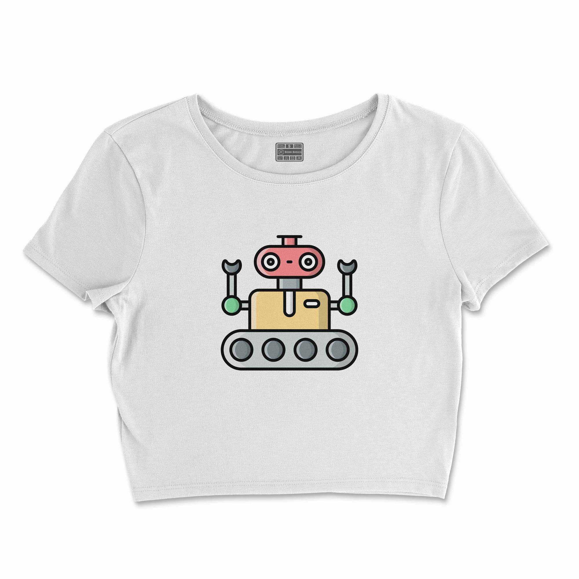 Bona Basics, Digitally Printed, Women's Basic Crop-Top,%100 Cotton, White, Casual, Women's Tops, Size: M