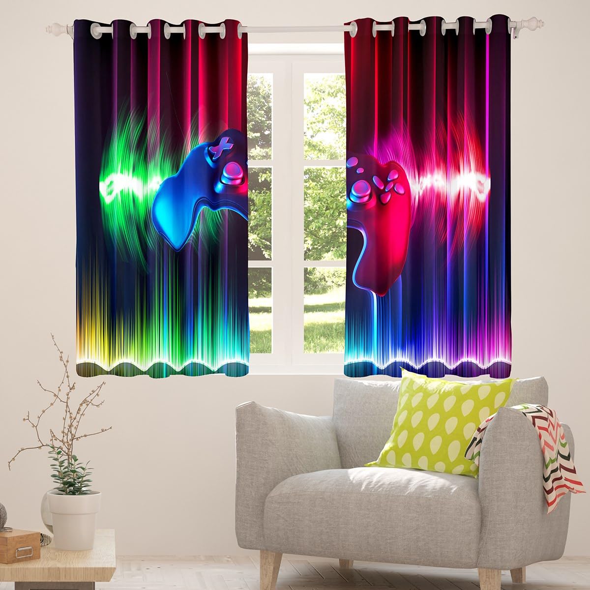Gamer Thermal Insulated Drapes Rock Music Theme Curtains for Bedroom Gaming Curtain for Boys Teens Video Game Controller Window Treatment Red Blue W46*L54 - Image 4