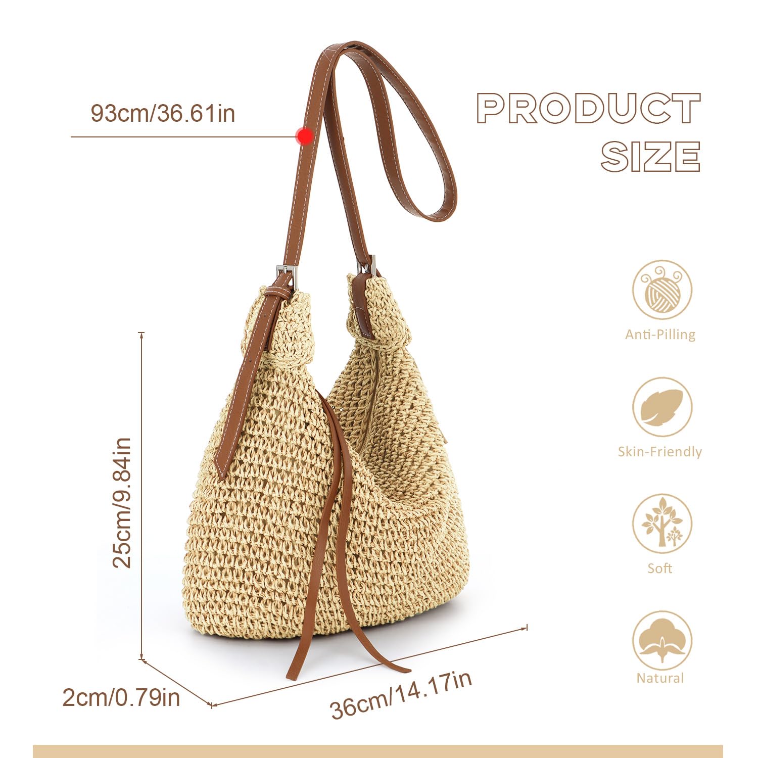 EVEOUT Sac bandoulière en Paille pour Femme Boho Sac d'été Léger en Raphia Tissé avec Sangle Réglable pour Plage Vacances(Beige)