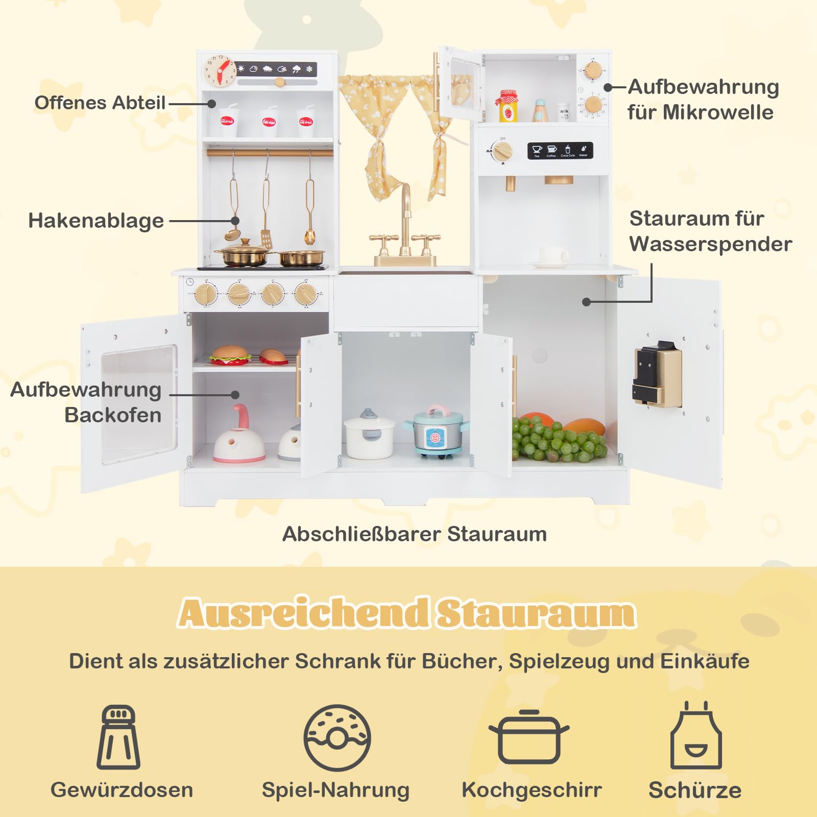 COSTWAY Kinderküche aus Holz, Spielküche mit Licht und Sound, Kinder Küche mit Spüle, Wasserhahn, Herd, Wasserspender, Mikrowelle, Spielzeugküche mit Zubehör für Kinder ab 3 Jahren (Weiß)