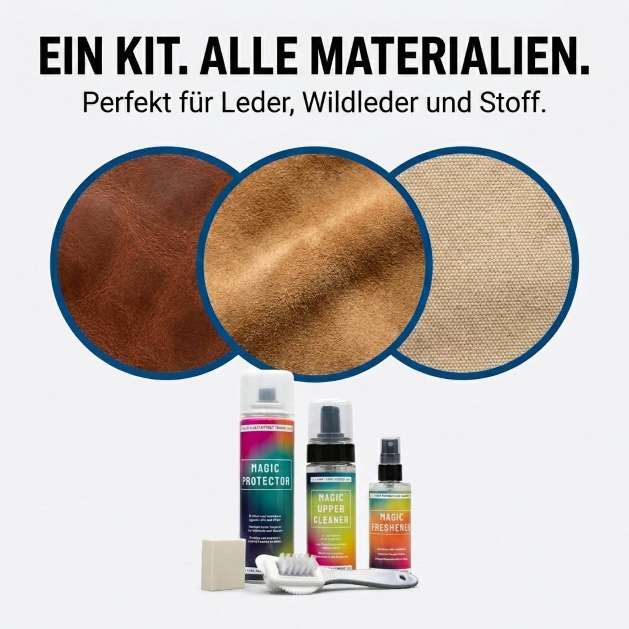 Bama Schuh Reinigungs- und Pflegeset 5-tlg. inkl. Reiniger, Imprägnierung, Schuh Deo, Bürste und Reinigungsgummi - für Stoff- und Lederschuhe