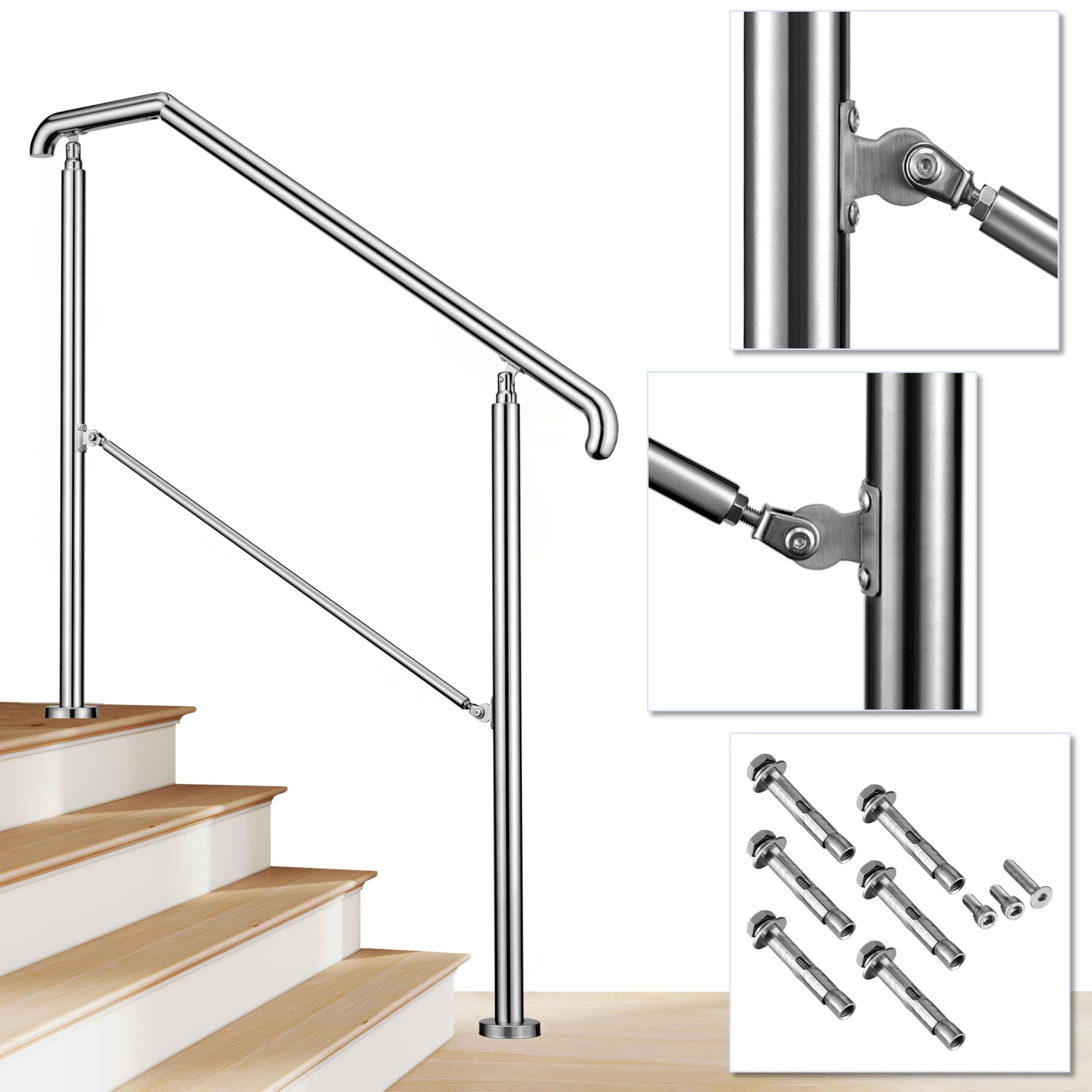 162x102cm Edelstahl Eingangshandlauf Treppengeländer Winkelverstellbares Geländer für 4-5 Stufen Innen Außen Treppens, Silber