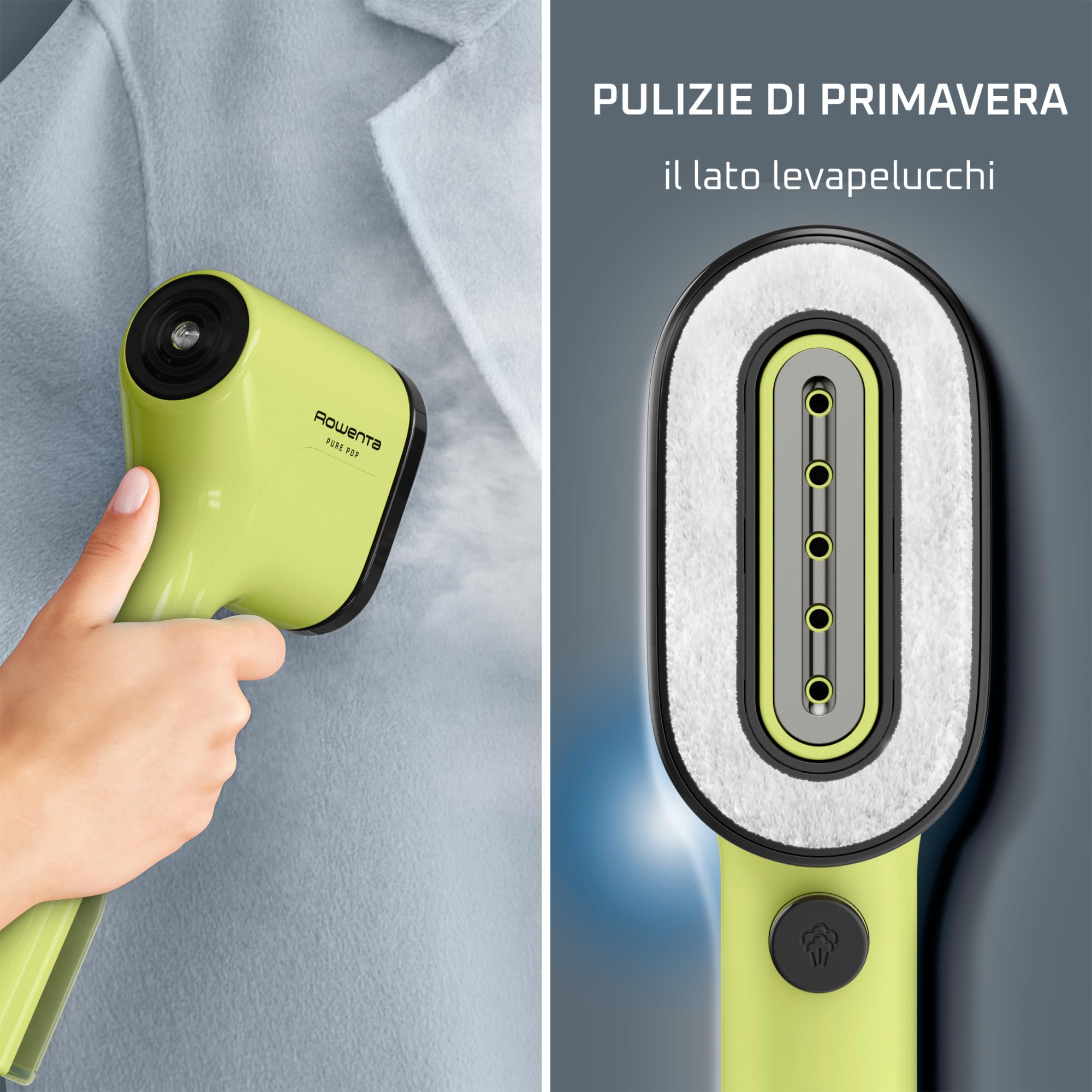 Rowenta Pure Pop, Ferro da Stiro Verticale Portatile a Vapore, Utile per Stirare e Igienizzare i Tuoi Capi, con Sistema Reversibile, Riscaldamento Rapido, Potenza 1300W, Colore Giallo Limone, DR2025