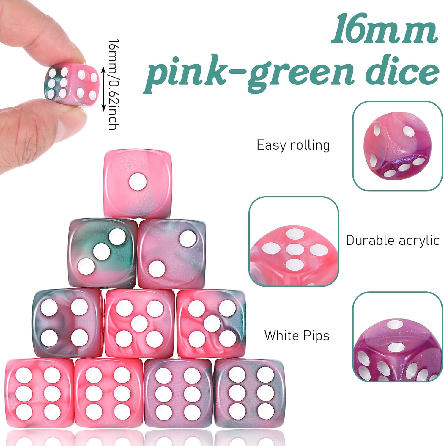 10PCS Polyhedral Dice 16mm Acrylic Dice Multicolored 6 Sided Colored Pink Blue Dices for Table Games Classroom Teaching Math Learning Standard Parties Entertainment(Green)