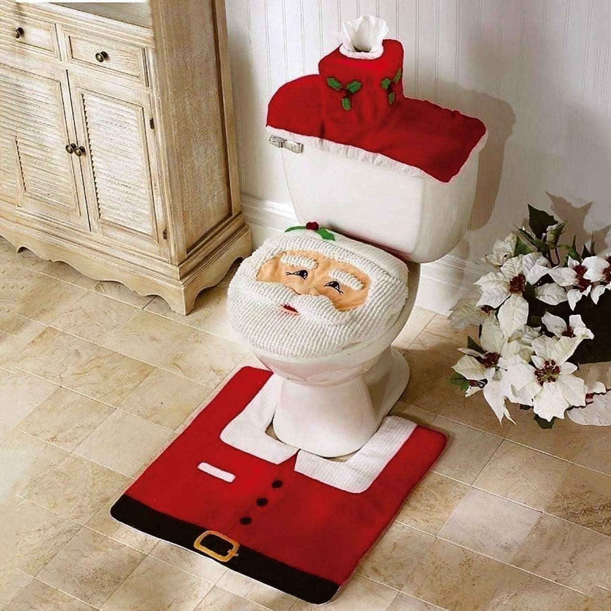 Christmas Decoration Novelty 3pc Christmas Festive Toilet Seat Cover, Tank & Rug Bathroom Decoration Set (Santa Claus)