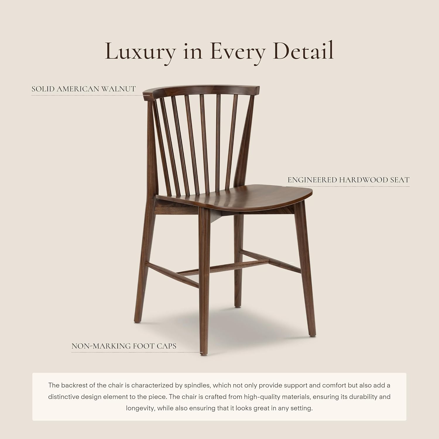 Poly & BARK Ligna Dining Chair Walnut – Mid-Century Inspired Chair with Sculpted Spindle Back – Solid American Walnut Frame and Engineered Wood Veneered Seat – Fully Assembled and Ready to Use