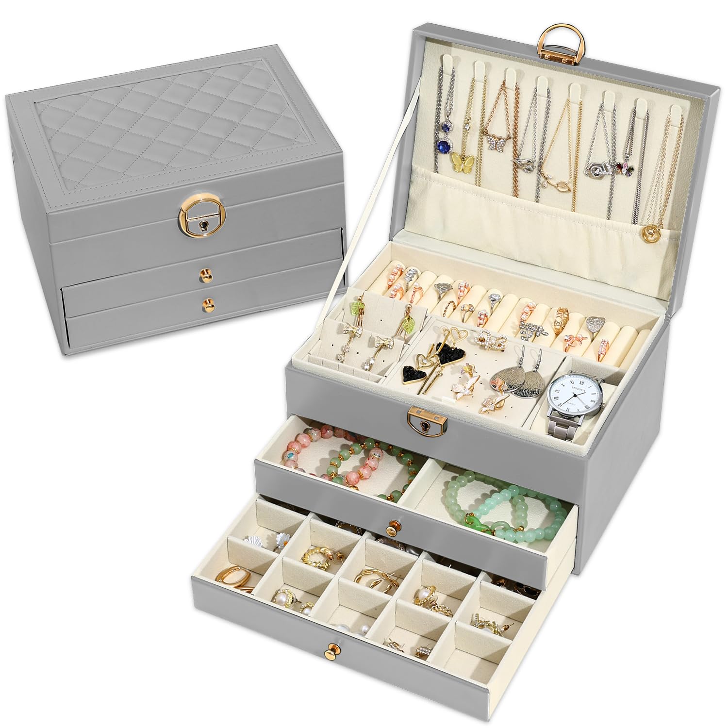 Granbest Joyero de 3 niveles con 2 cajones, caja de joyería de cuero para collares, pulseras, anillos y pendientes (gris)