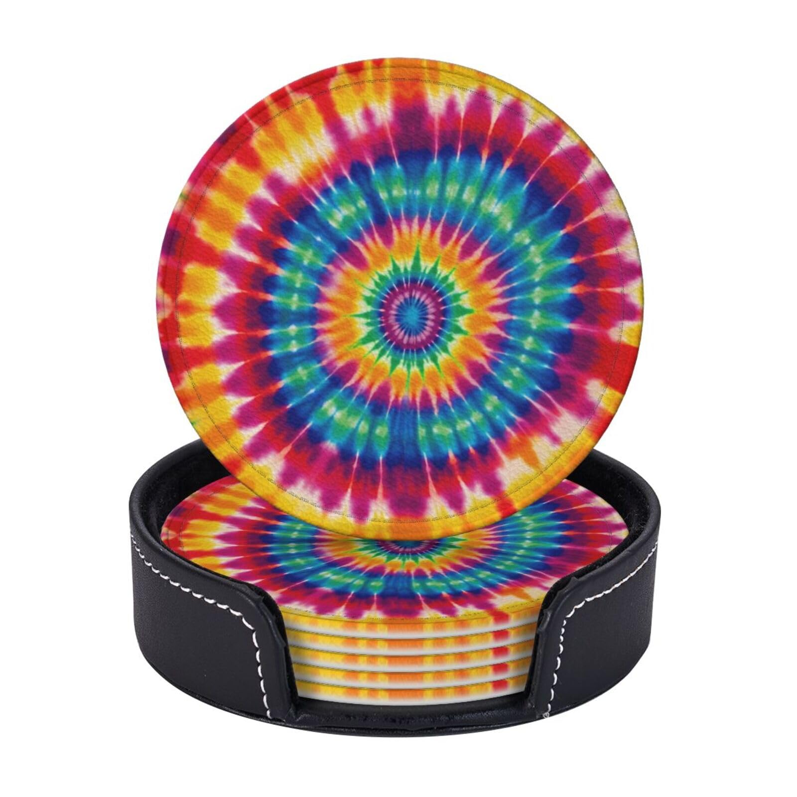 Round Coasters for Drinks Set of 6 - PU Leather Coasters with Holder - Modern Drink Coasters for Coffee Table - Tie Dye Pattern Coaster for Tabletop Protection 4" Cup Mat Pad