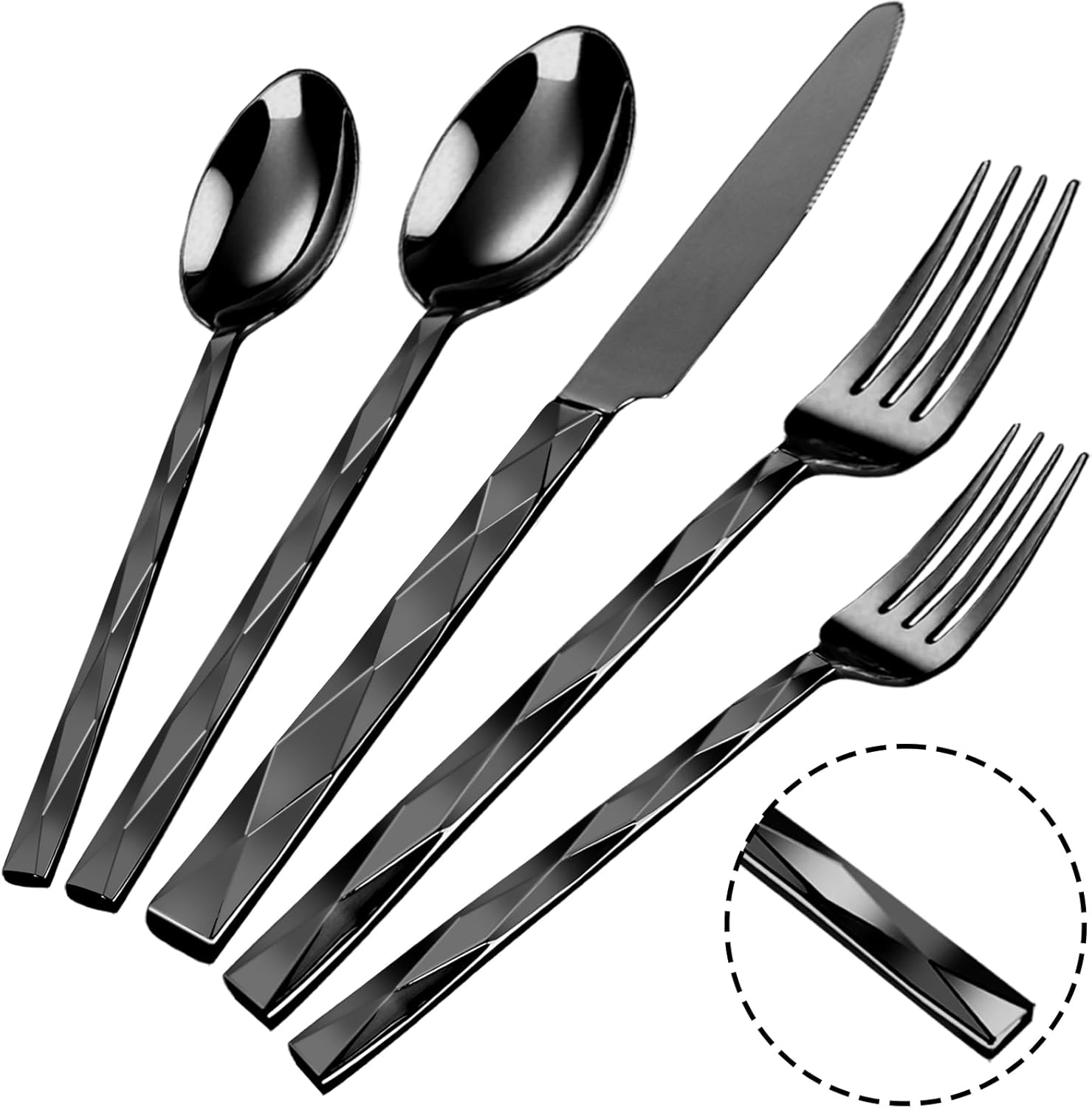 Modern Silverware Set, Stainless Steel Flatware, Twisted Handle Design, 5-Piece Place Setting with Salad Fork, Dinner Fork, Knife, Soup Spoon, Teaspoon (Black)
