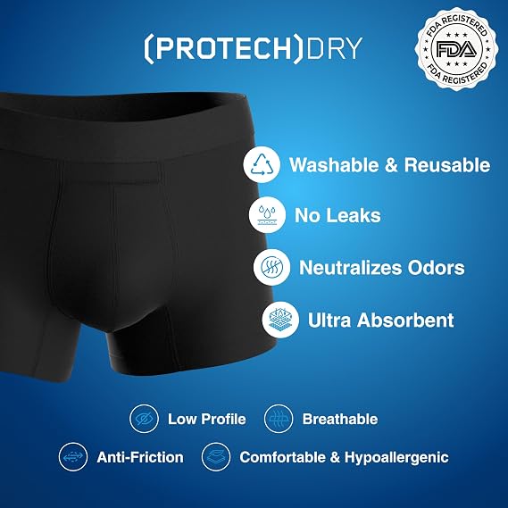 PROTECHDRY - Washable Urinary Incontinence Cotton Boxer Brief Underwear for Men, with Front Absorbent Area, Black Large, 36-38 Waist