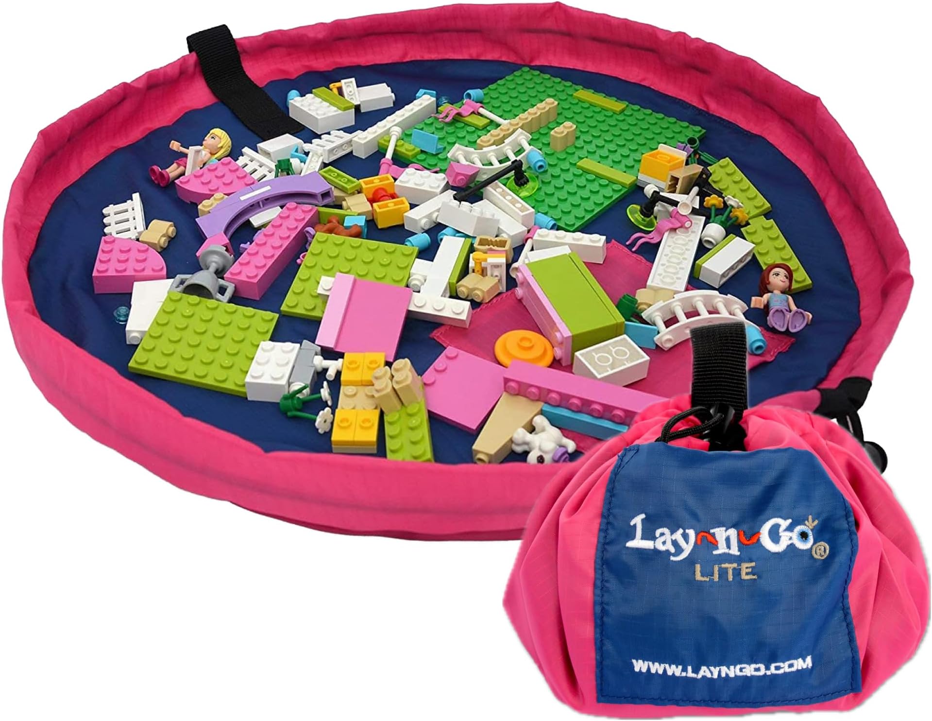 Lay-n-Go Layflat Portable Drawstring Cinch Storage Toy & Mini Figures Organizer & Play Mat, Mesh Pockets, Home & Travel, Kids & Toddlers Playdates, 2 Straps for Backpack, Durable, Machine Washable
