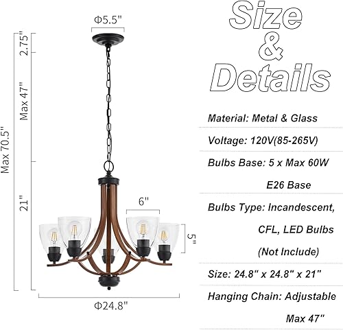 Miniatura 3 de Lámpara de araña de madera con vidrio, estilo vintage, estilo granja, 5 luces, rústico, de 24.8 pulgadas, con acabado de madera, lámpara de cristal