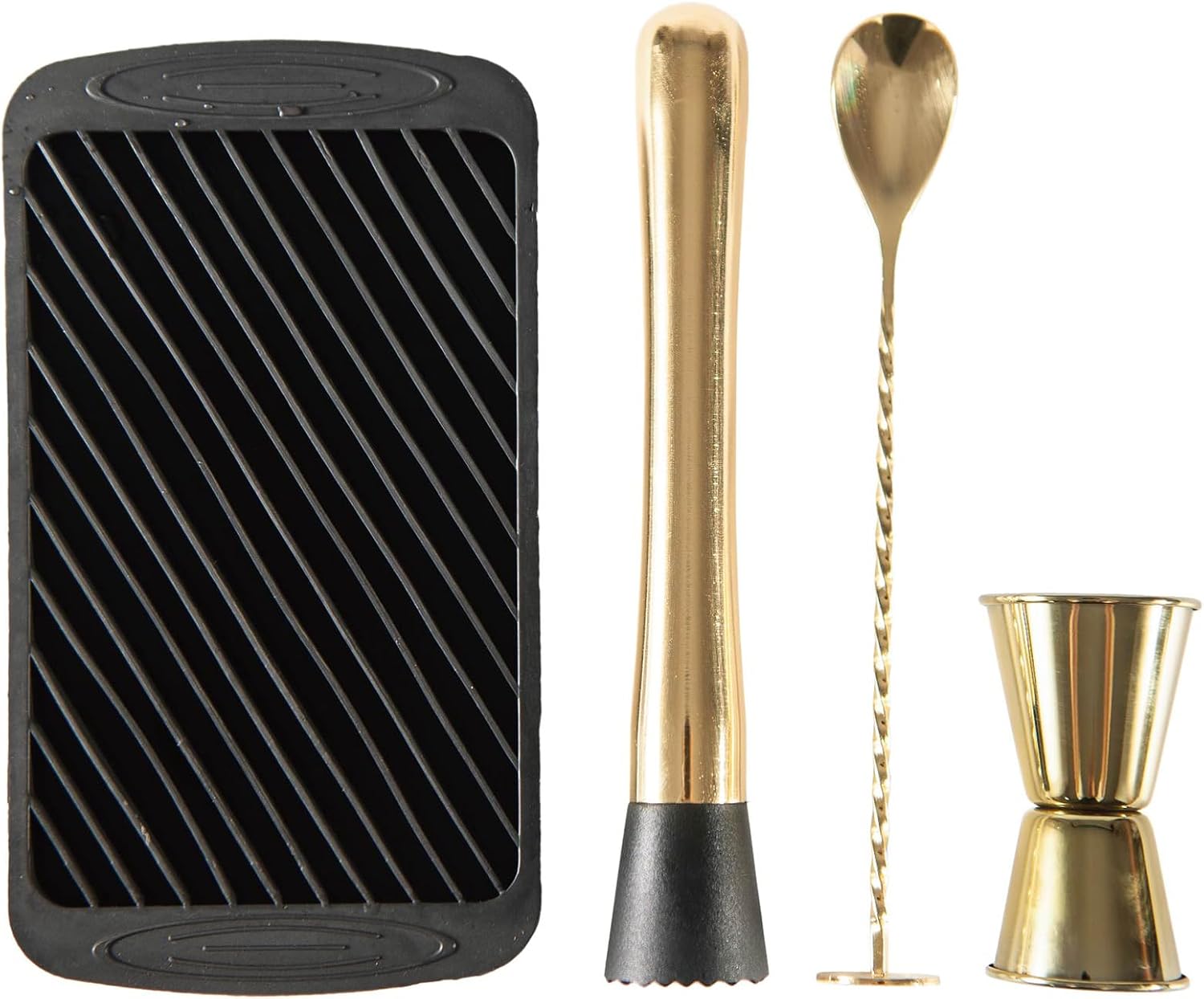 JNWINOG 3-Pcs Gold Muddler & Mixing Tools Set, 10" Muddler, 12" Cocktail Spoon & 1 oz/2 oz Double Jigger, Bar Tool Set for Beverages