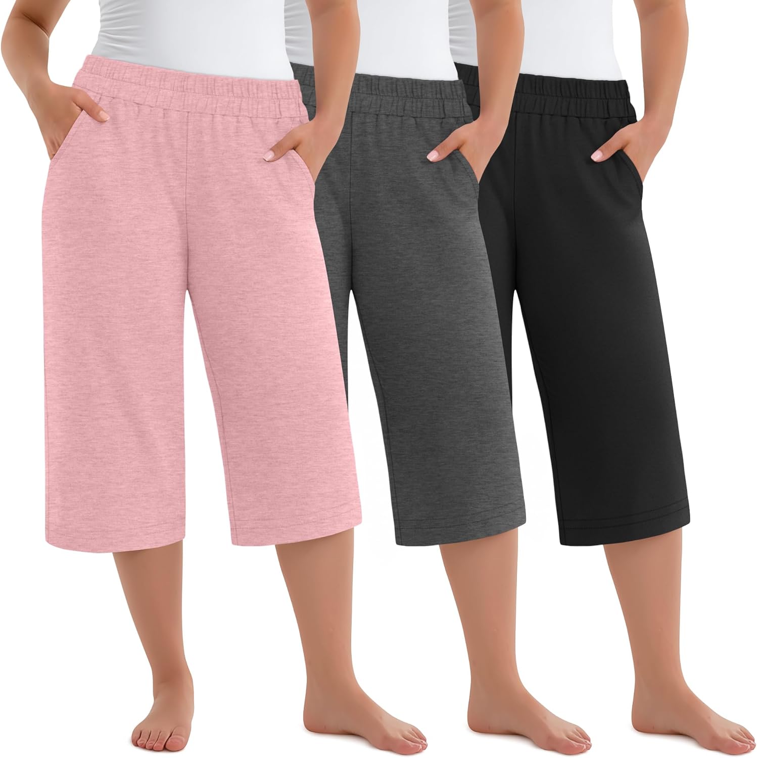 3 Pack Women's Plus Size Capris Pants Wide Leg Loose Fit High Waisted Yoga Cropped Lounge Sweatpants with Pockets
