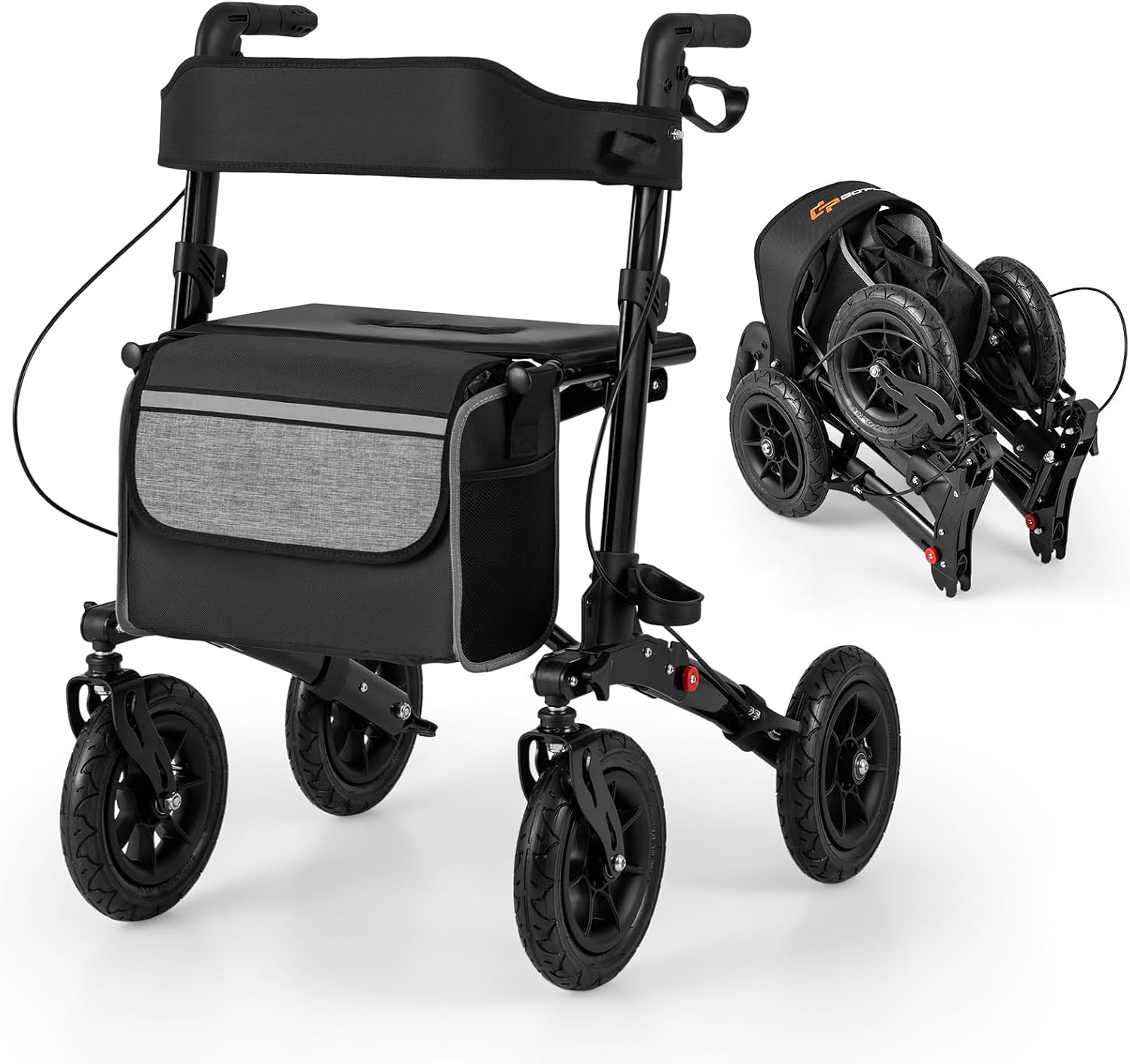 COSTWAY Rollator with Pneumatic Tyres Foldable and Lightweight with Seat Aluminium up to 140 kg 2-in-1 Wheelchair & Travel Rollator Walking Aid 7 Levels Height-Adjustable Walking Trolley with Bag & Stick Holder Black