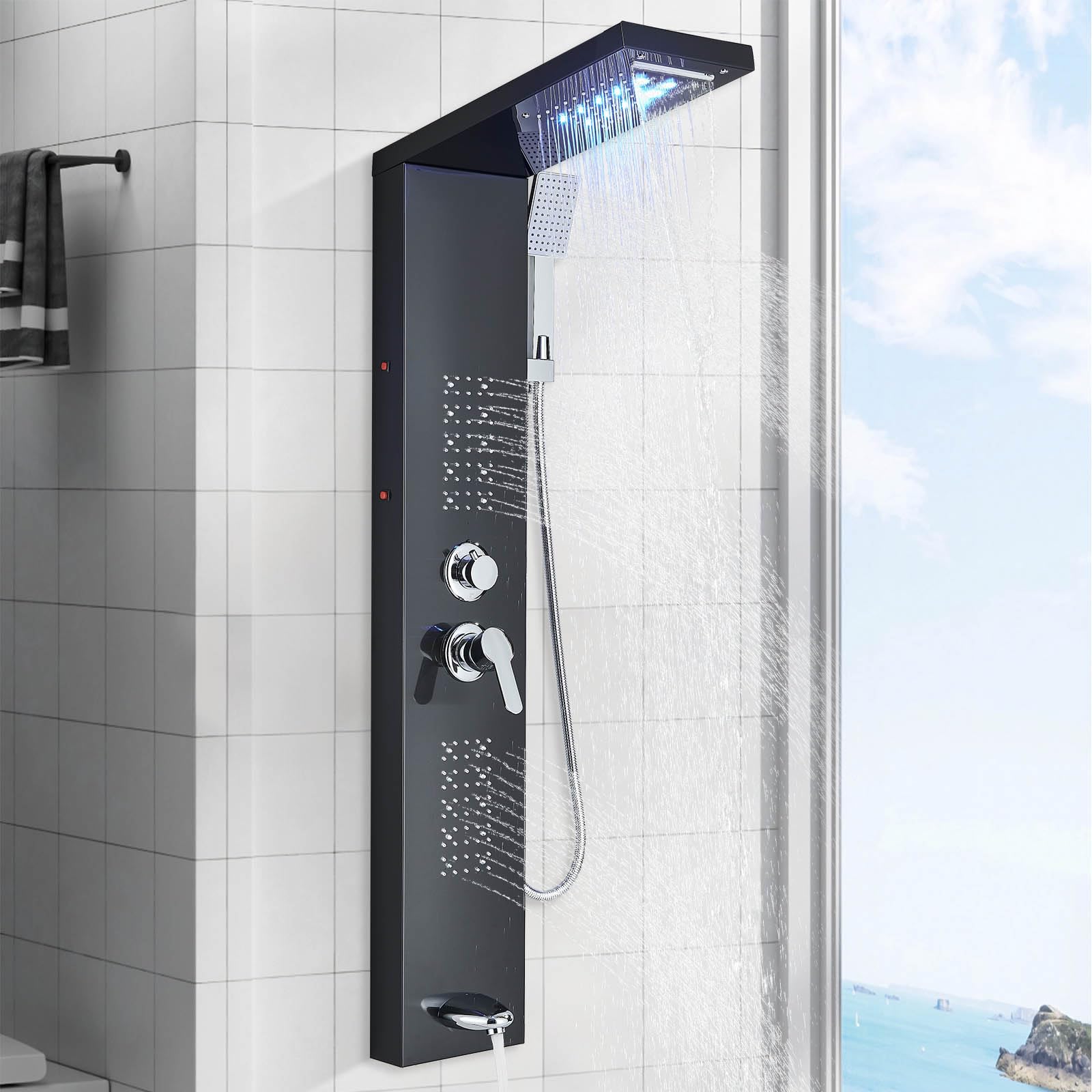 Pannello doccia a parete con sistema LED, colonna doccia multifunzionale con doccia a pioggia, cascata, massaggio, doccetta manuale, rubinetto, set completo con pannello doccia e