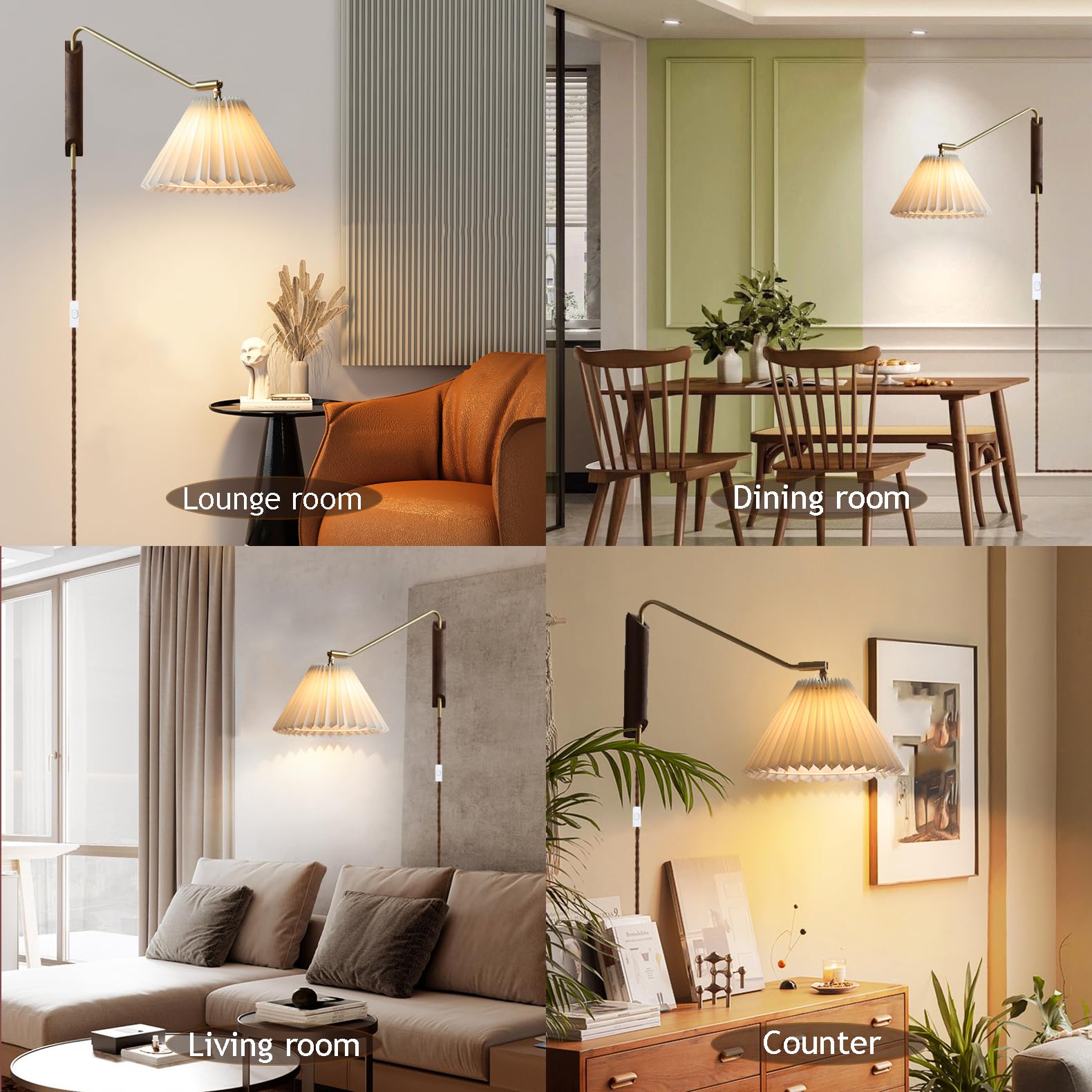 Generico Lampa ścienna z obrotowym ramieniem lampka do czytania z przewodem plisowany klosz Vintage drewniane regulowane mosiężne ramię do sypialni łóżko nocne salon