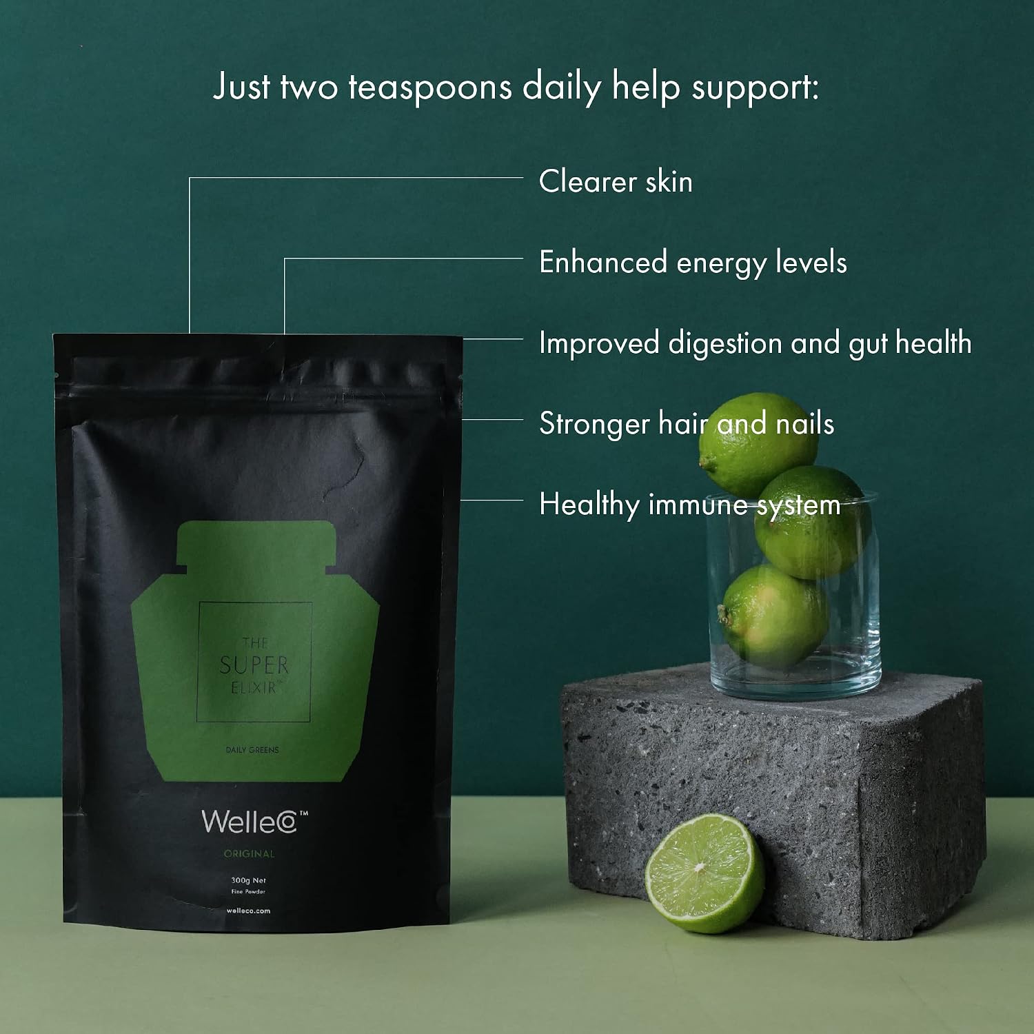 WelleCo The Super Elixir Daily Greens Powder, Probiotic Drink Mix with Whole Foods, Gluten Free, Vegan Gut Health Powder, Energy, Immunity, Healthy Skin, Hair & Nails, Pineapple & Lime, 300g Pouch