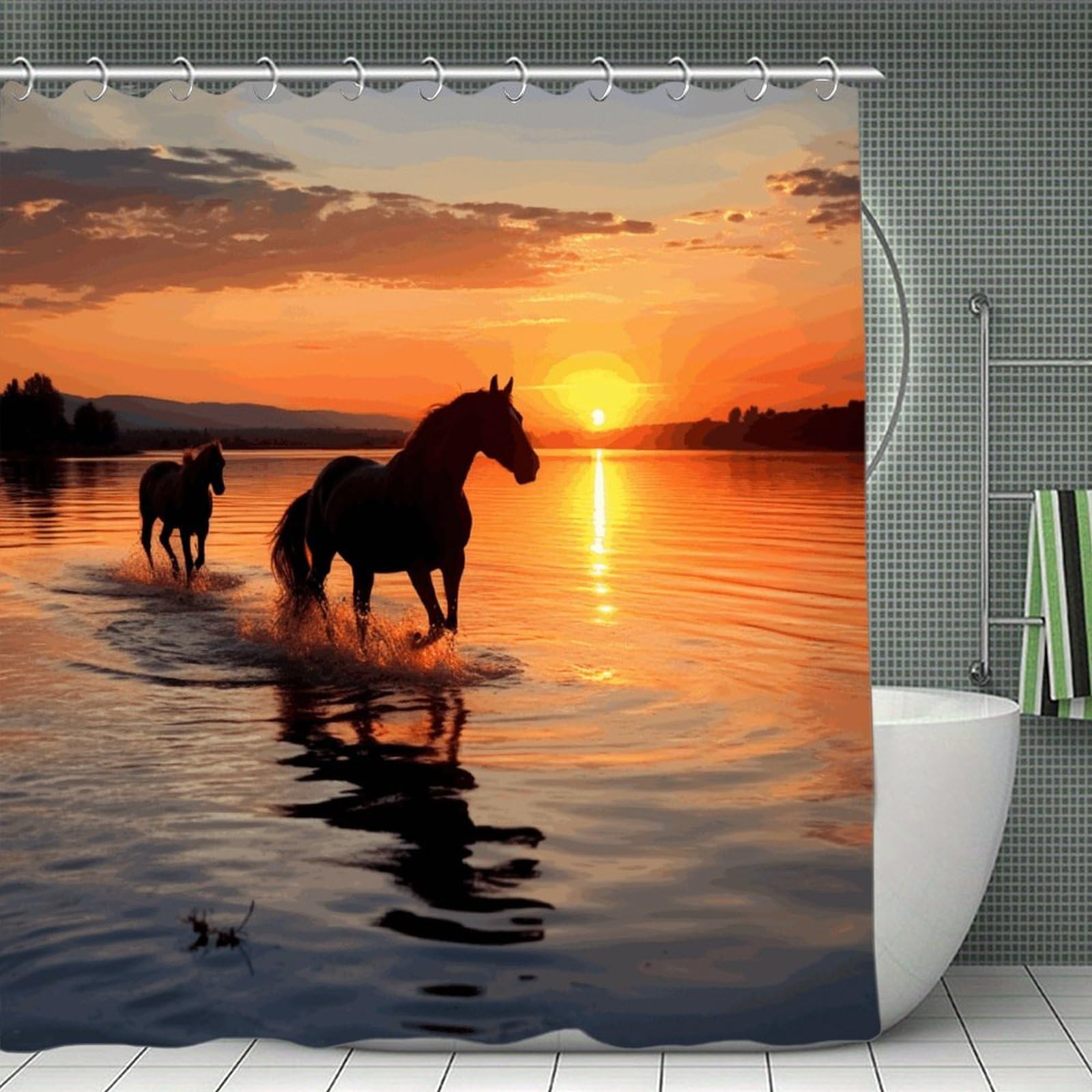 JTREHY Sunsets Lake Horses Shower Curtain Waterproof Bathroom Shower Curtain Machine Washable Bath Curtains Polyester Cloth Bath Curtains for Bathroom Showers 70.8×70.8Inch