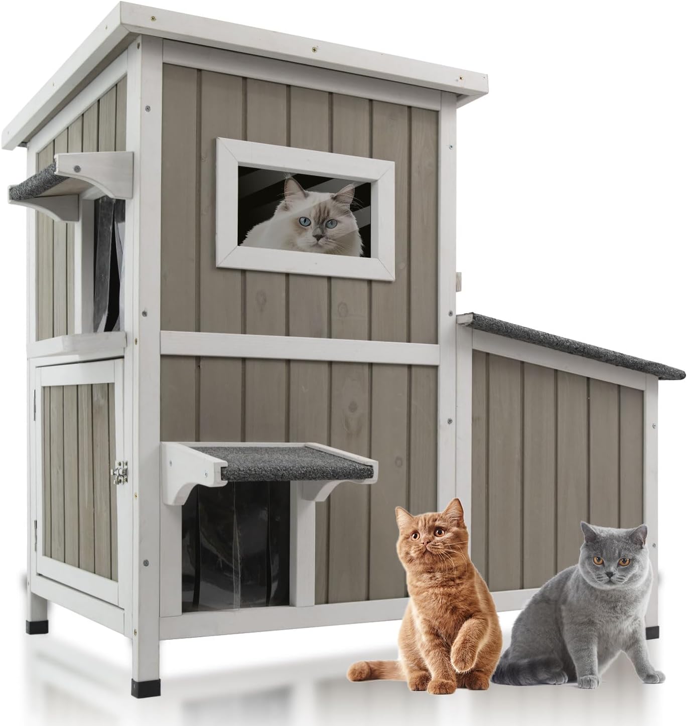 Outdoor Cat House Weatherproof, Two Story Wooden Feral Cat House Shelter with 3 Escape Door, Outside Cat Condo for Small Animals with Openable Asphalt Roof, Grey