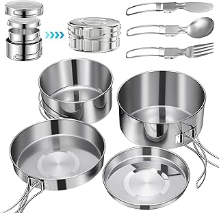 Camping Kochgeschirr Set Outdoor 2-3 Personen Edelstahl Topf mit Geschirr Kochtopf Faltbare Campinggeschirr Pot Plate für Picknick Backpacking Camping Wandern