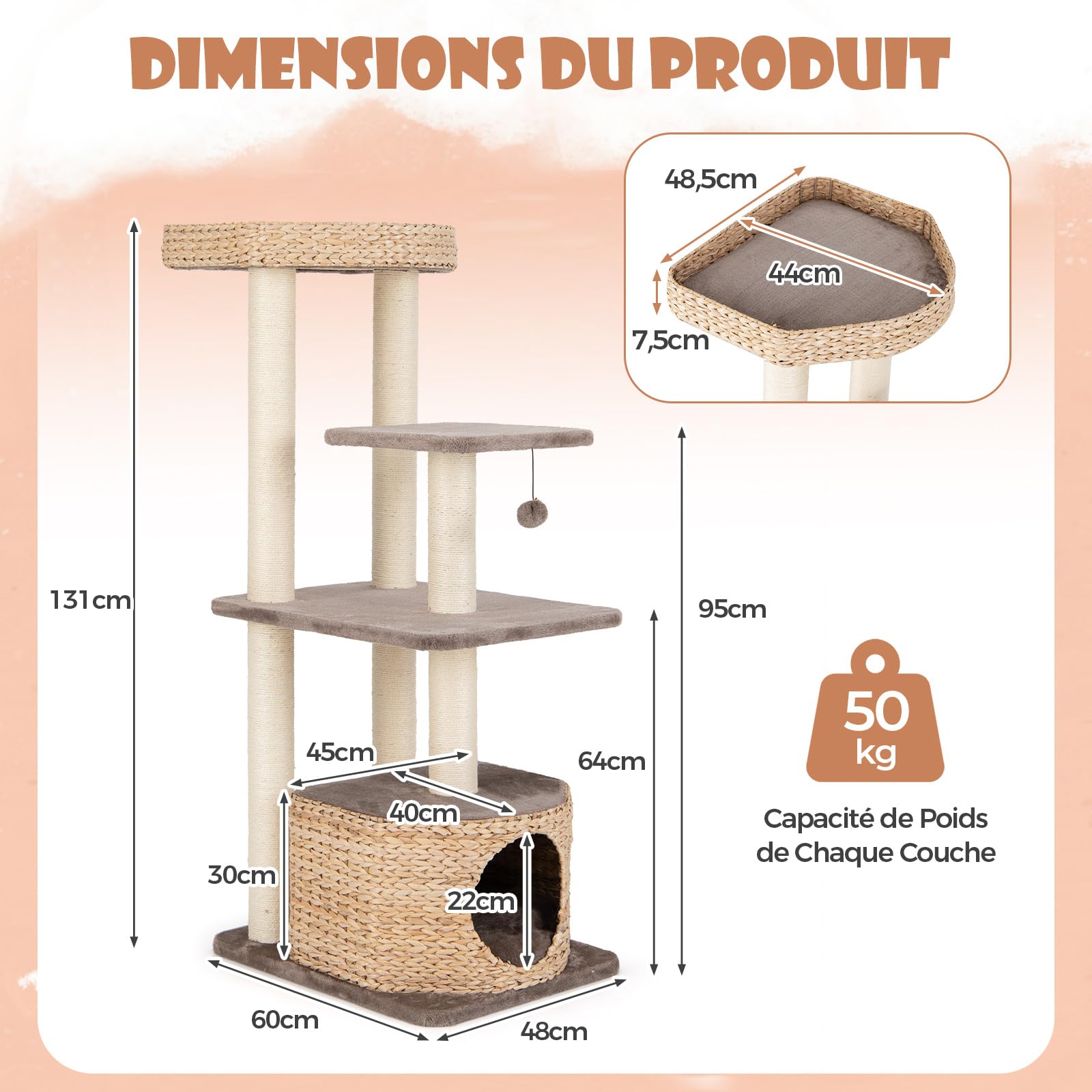 COSTWAY Arbre à Chat en Bois 131 cm Design avec 3 Griffoirs en Sisal, 3 Plateformes, Condo en Quenouille Tressée, Coussins Amovibles, Tour à 4 Étages, Café