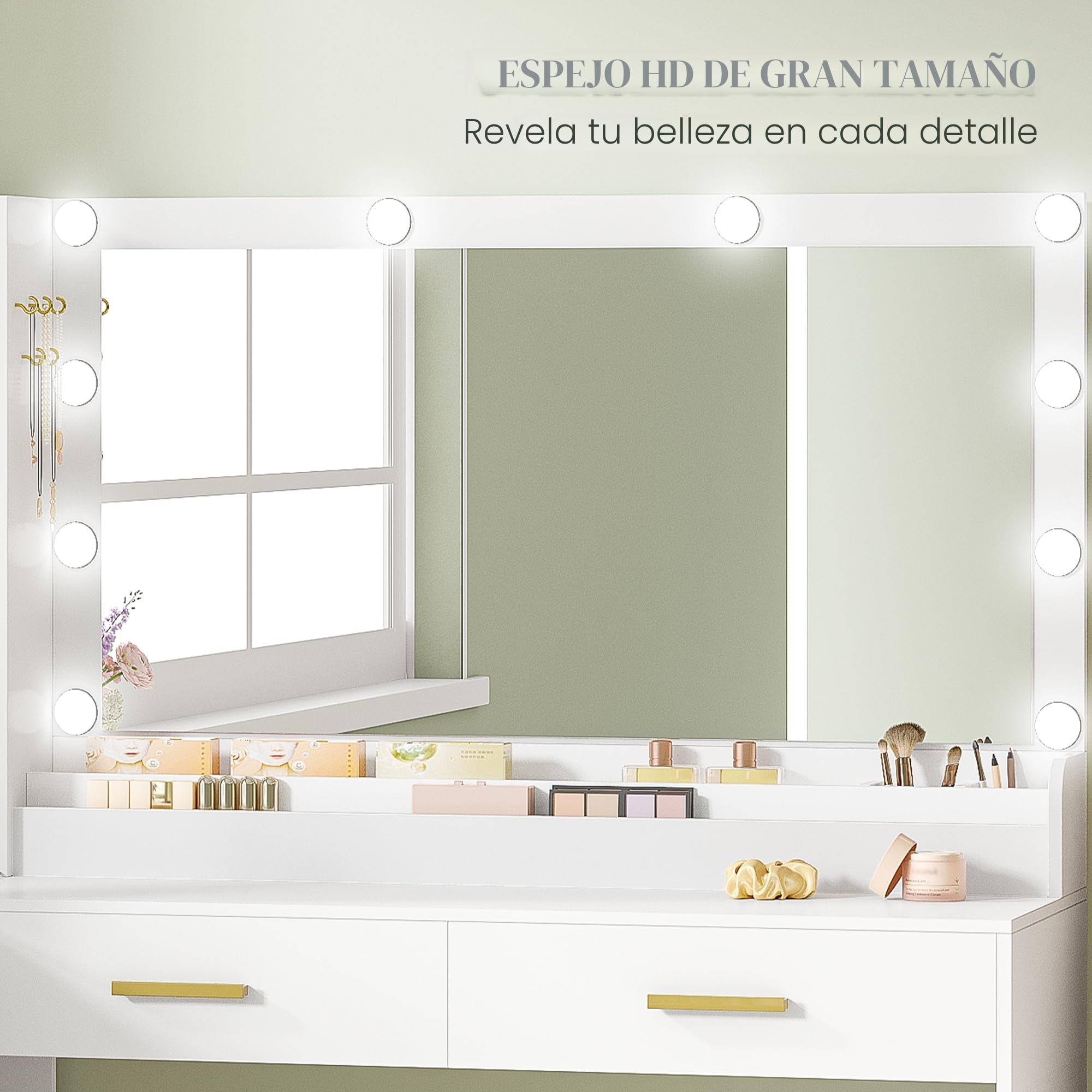 HEXCELEN Tocador de Maquillaje con Espejo LED, Brillo Ajustable, Mesa de Maquillaje con Toma de Corriente, Tocador con Taburete, 5 Cajones, Estantes de Almacenamiento, 40 × 120 × 139 cm, Blanco