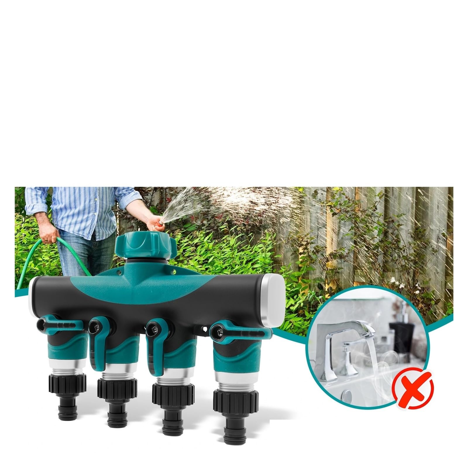 Grifo distribuidor de 4 vías, conexión agua aleación Zinc con válvula reguladora separada, divisor a prueba fugas, Compatible jardín
