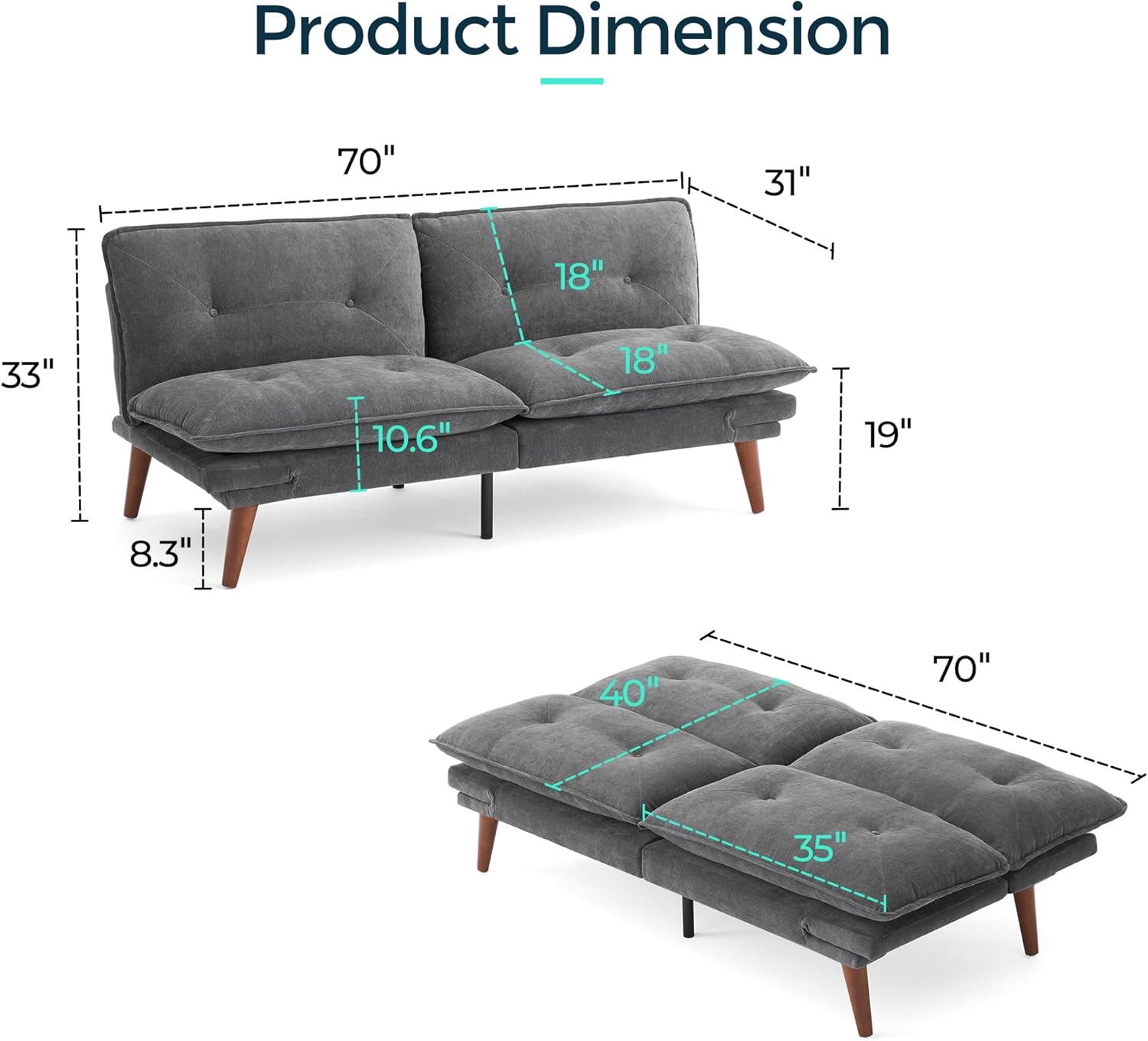 LINSY HOME Futon Sofa Bed, 70" Chenille Futon Couch with Adjustable Backrest Armrest, 3 in 1 Convertible Comfy Loveseat Sleeper Sofa Bed for Small Spaces Dorm Room Apartment Home Office, Dark Grey