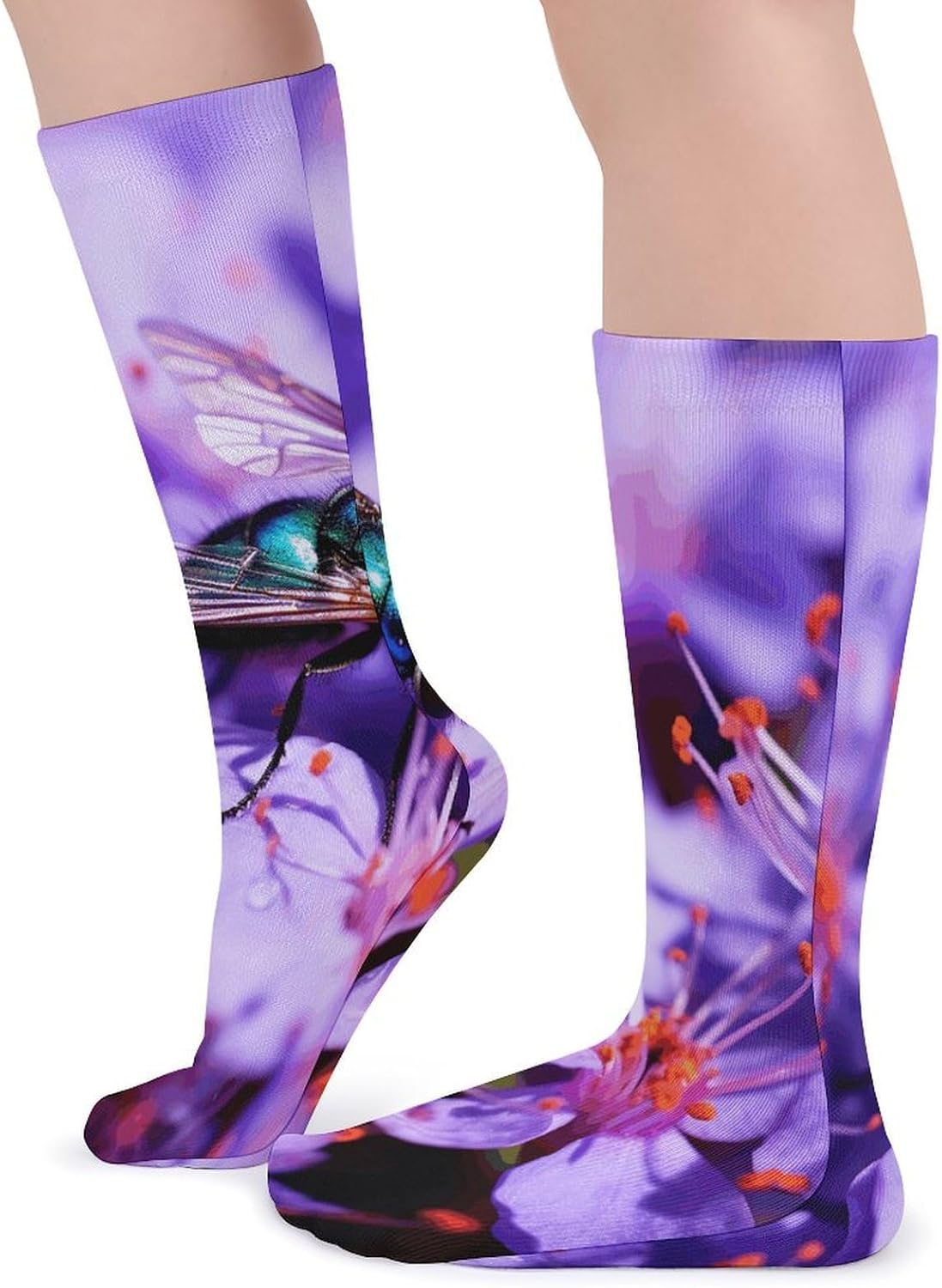 Blue Fly on Flower Crew Socks Soft Thermal Socks | Socks for Men Women-Casual Wicking,High Stocking for Sports Running-Long Thin Tube Sports Breathable