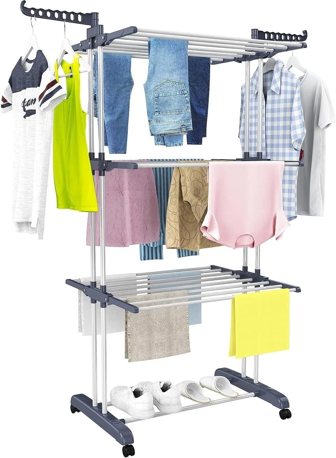 4-Tier Foldable Clothes Drying Rack with Wheels, Stainless Steel Laundry Rack, 24 Hanging Rods, 14 Side Hooks, 30x19.7x67.7 Inches