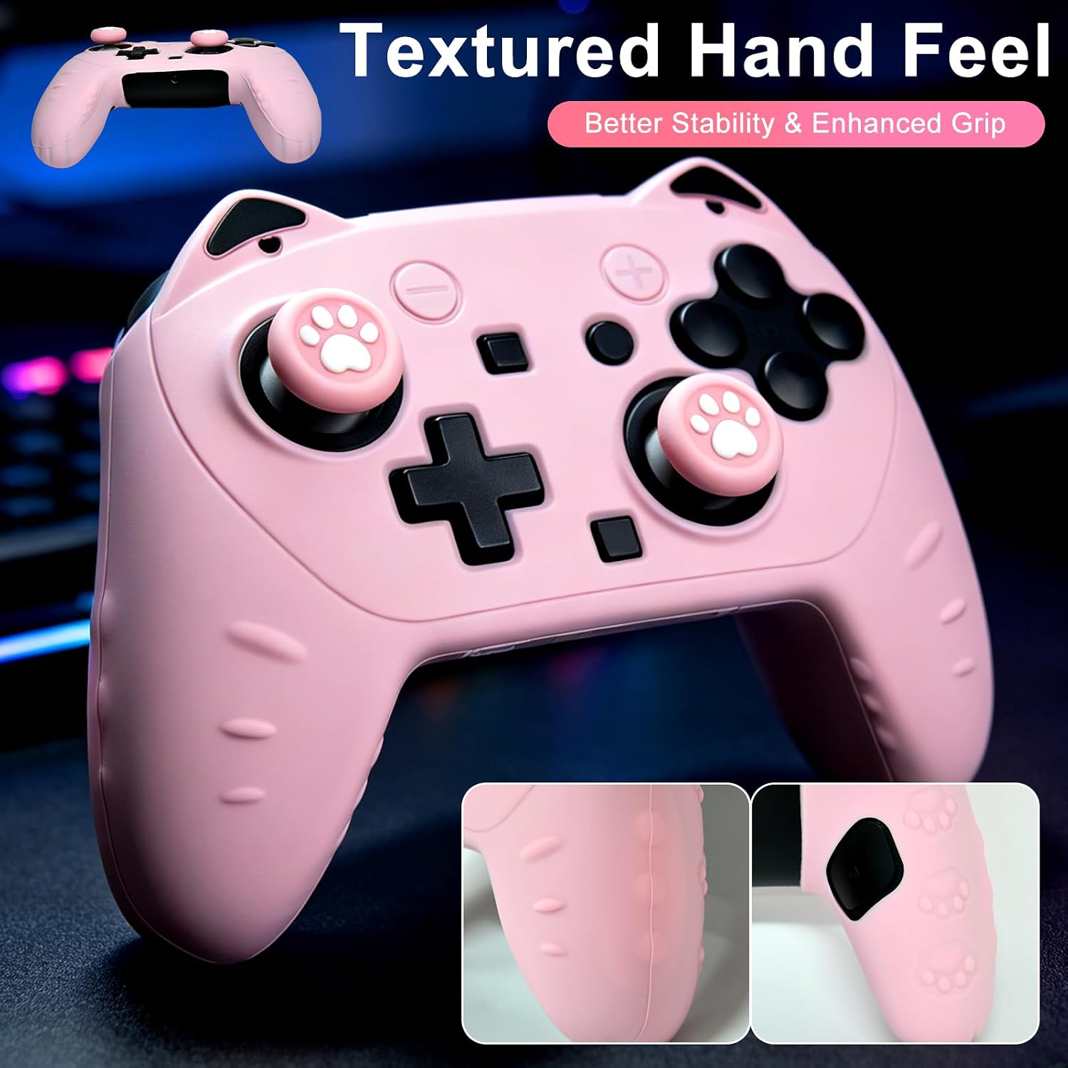 Anti Slip Controller Skin Set,Soft Protective Controller Cover Case for Switch 2 Pro Control with Touch Pad Stickers and 2 Thumb Grip Caps (Cat Pink)