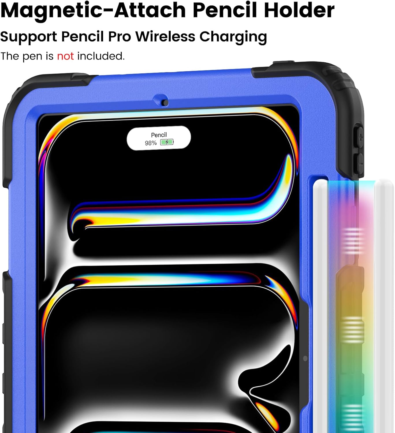 for iPad Pro 11 inch Case M4 2024 / M5 2025: Heavy Duty Shockproof Protective Case with Pencil Holder - 360°Rotating Handle/Stand - Screen Protector - Shoulder Strap, Black/Blue