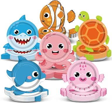 60Pcs Sea Animal Paper Plates Under the Sea Plates 7" Kids Dessert Plate Ocean Party Supplies Underwater Creatures Disposable Tableware with Shark Turtle Octopus Shaped Plate for Kids Birthday Party