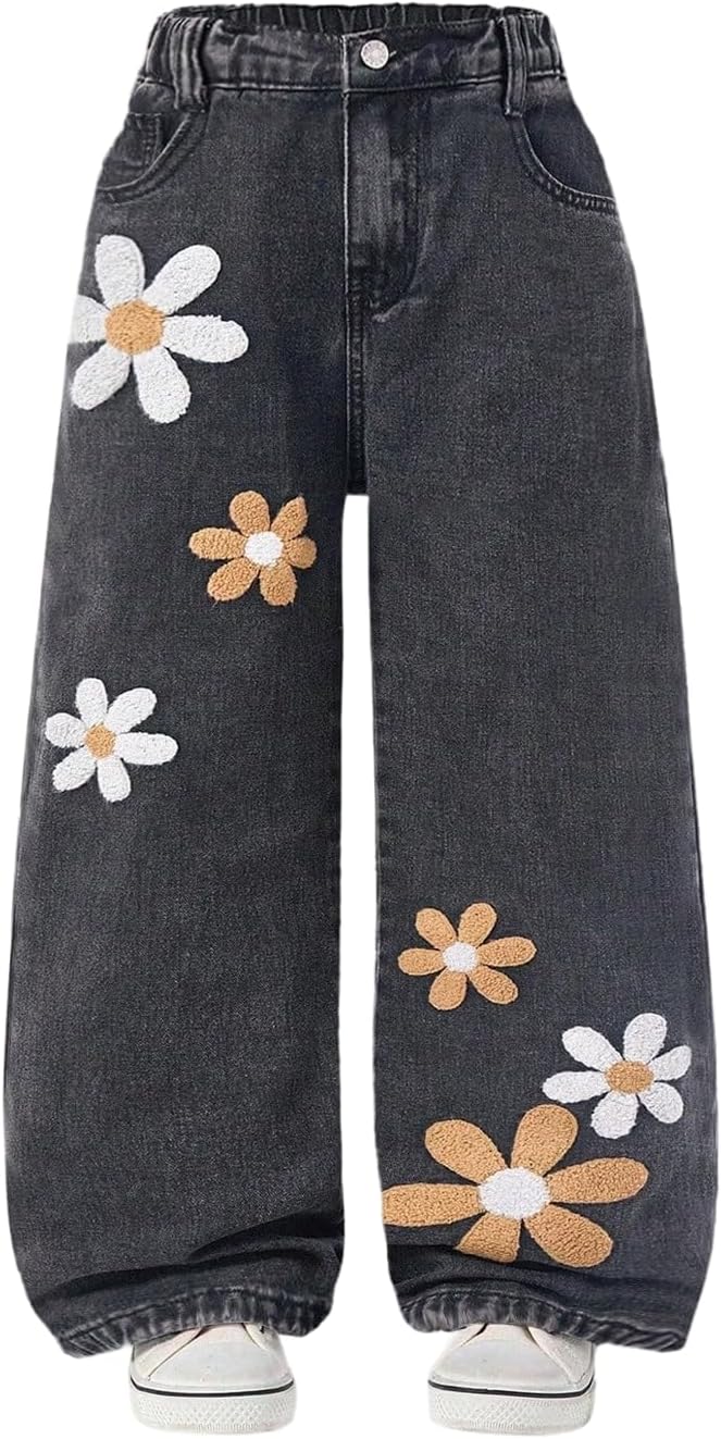 GORGLITTER Girl's Floral Baggy Wide Leg Jeans Y2K Zipper Fly Washed Denim Pants with Pockets