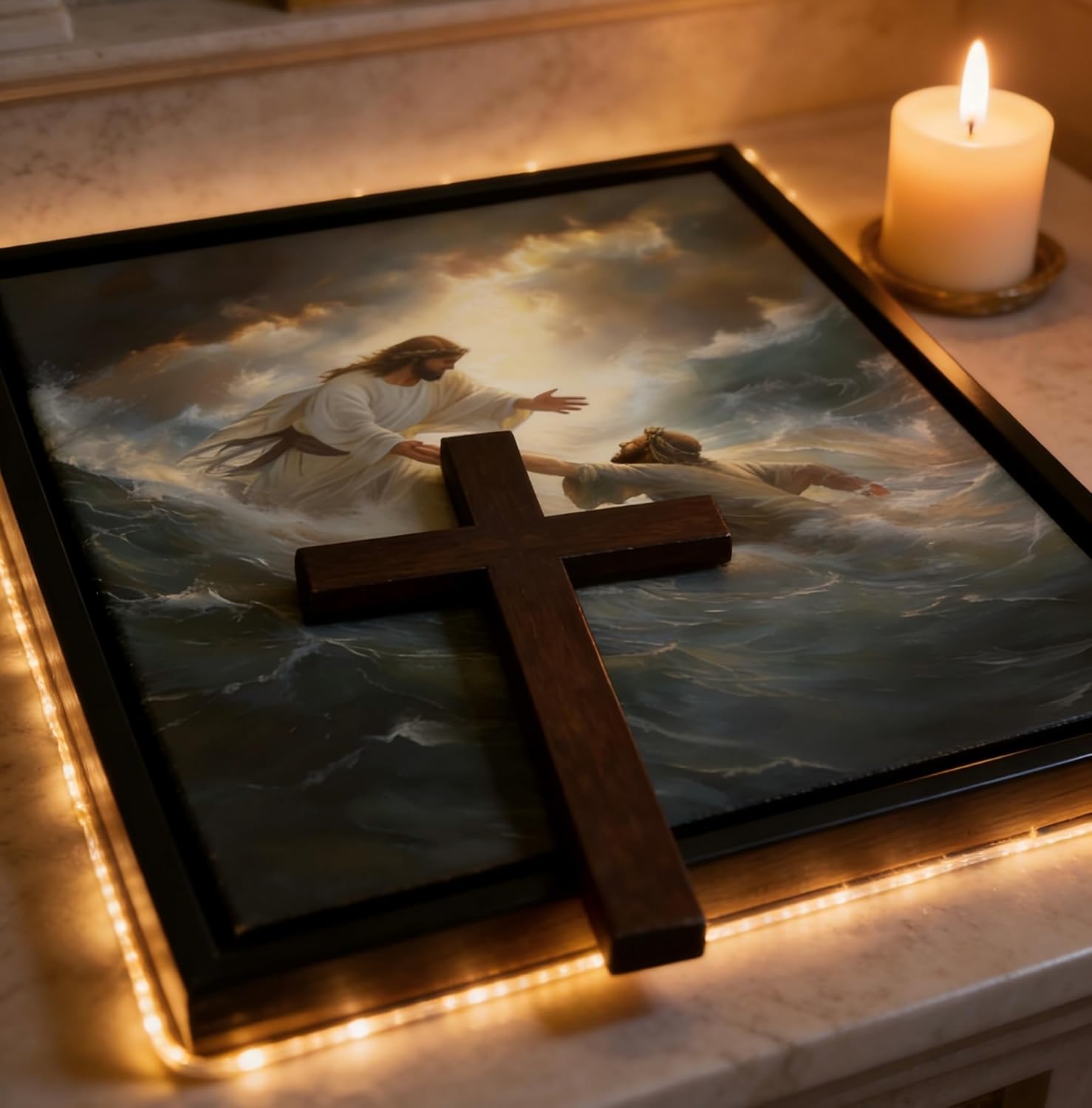 Framed Jesus Saving Peter Wall Art, Jesus On The Sea Wall Decor,Christian Inspiring Savior Canvas Poster,Faith Themed Home Canvas Prints For Suitable For Living Room Bedroom Office 12x16 inch