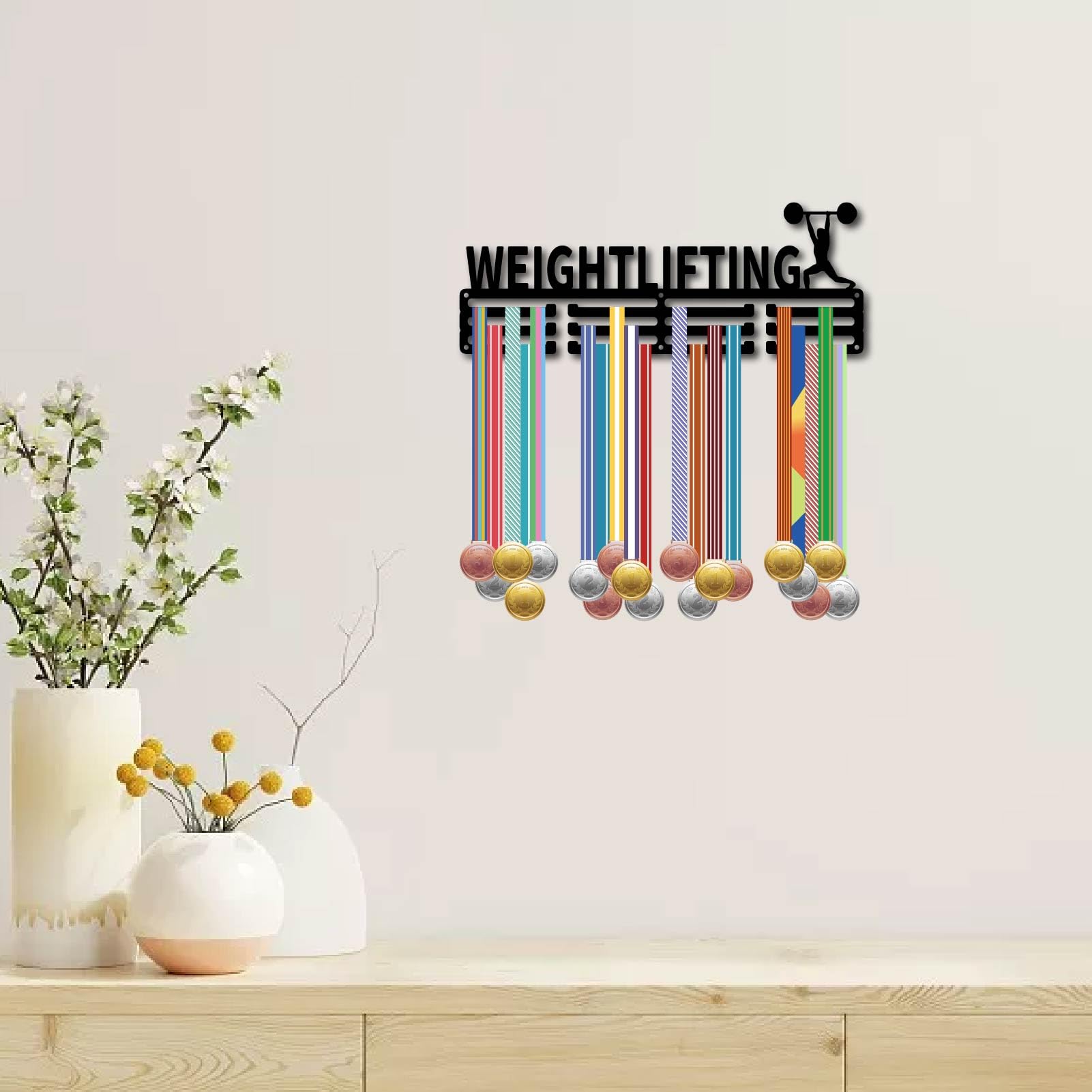 Badminton Humour CREATCABIN Porte-Médailles Natation,Étagère Trophées,Présentoir Médailles Avec Support D'Étagère,Petit Support Mural Sports,4 Rangée,Peut Contenir Porte Clef Badminton