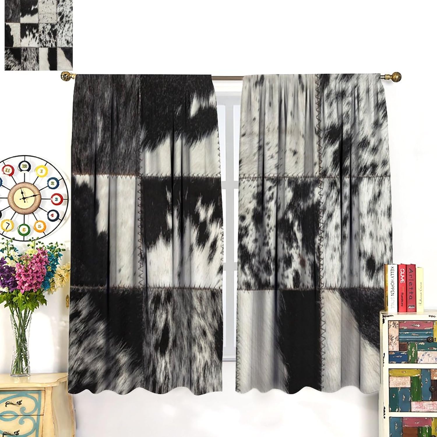 Vintage Rustic Wildlife Fur Curtains, Western Farmhouse Cowhide Black Spotted Animal Skin Patchwork Print Window Treatments, Blackout Rod Pocket for Living Room Bedroom Bathroom Kitchen 72x63in